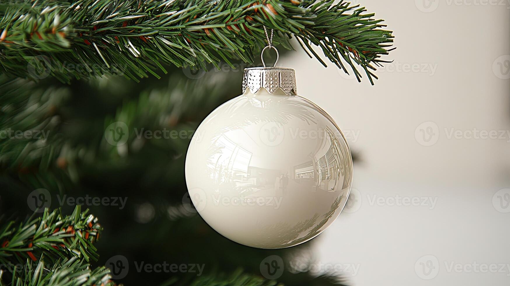 A white ornament hangs from a green branch, spreading holiday cheer photo