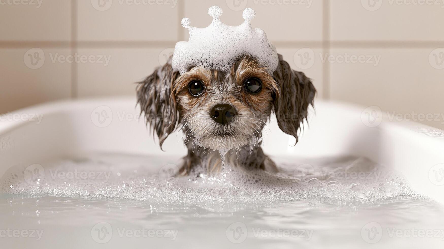 A small puppy delights in a bubbly bath, donning a playful foam crown, capturing a moment of joy photo