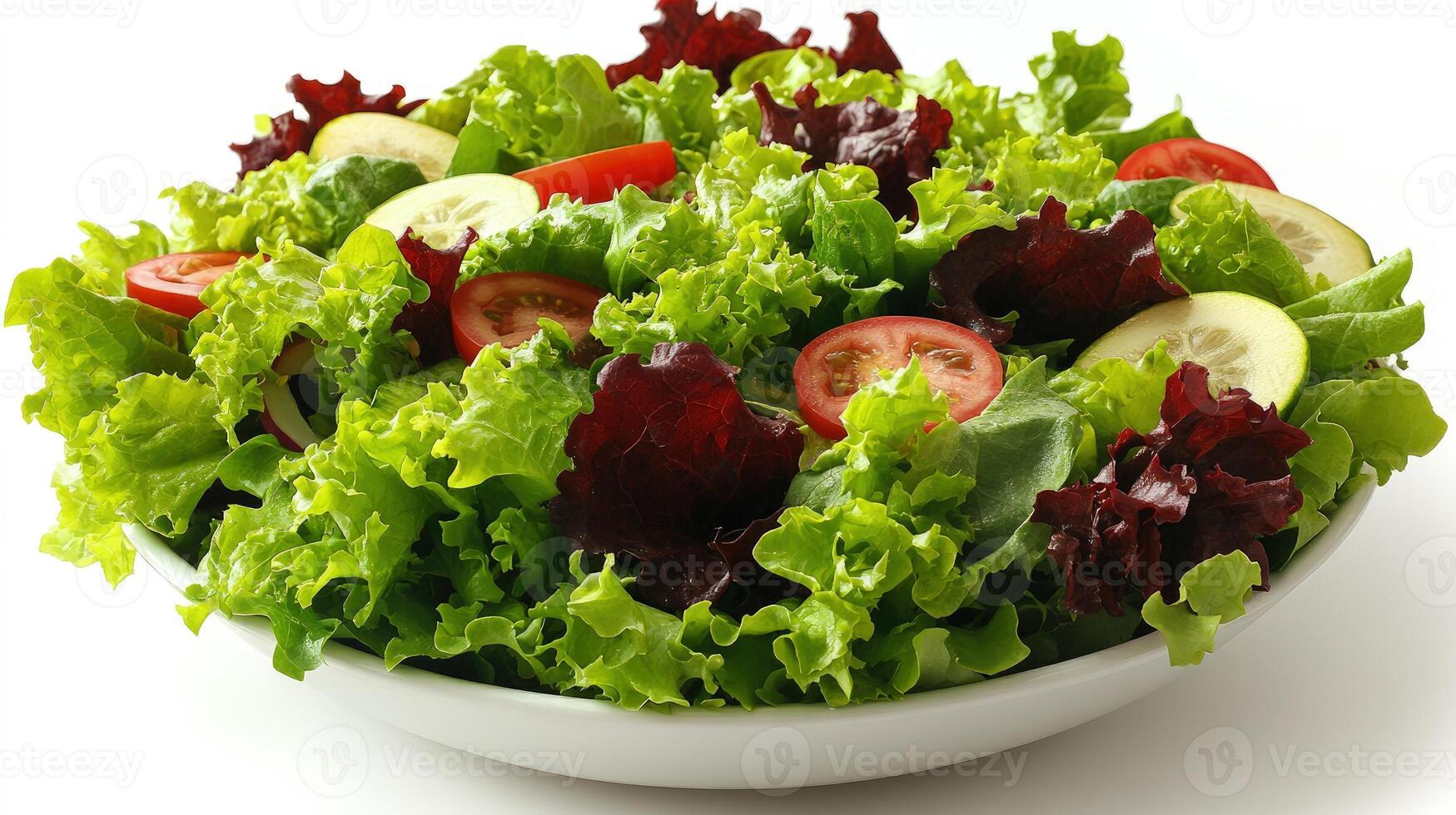 Colorful assortment of crisp greens, ripe tomatoes, and crunchy cucumbers creates a refreshing dish photo