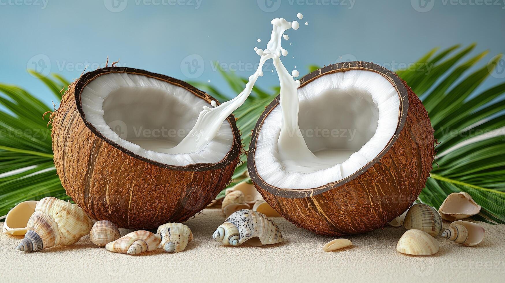 Coconut halves spill refreshing water on sandy beach surrounded by seashells and palm leaves photo