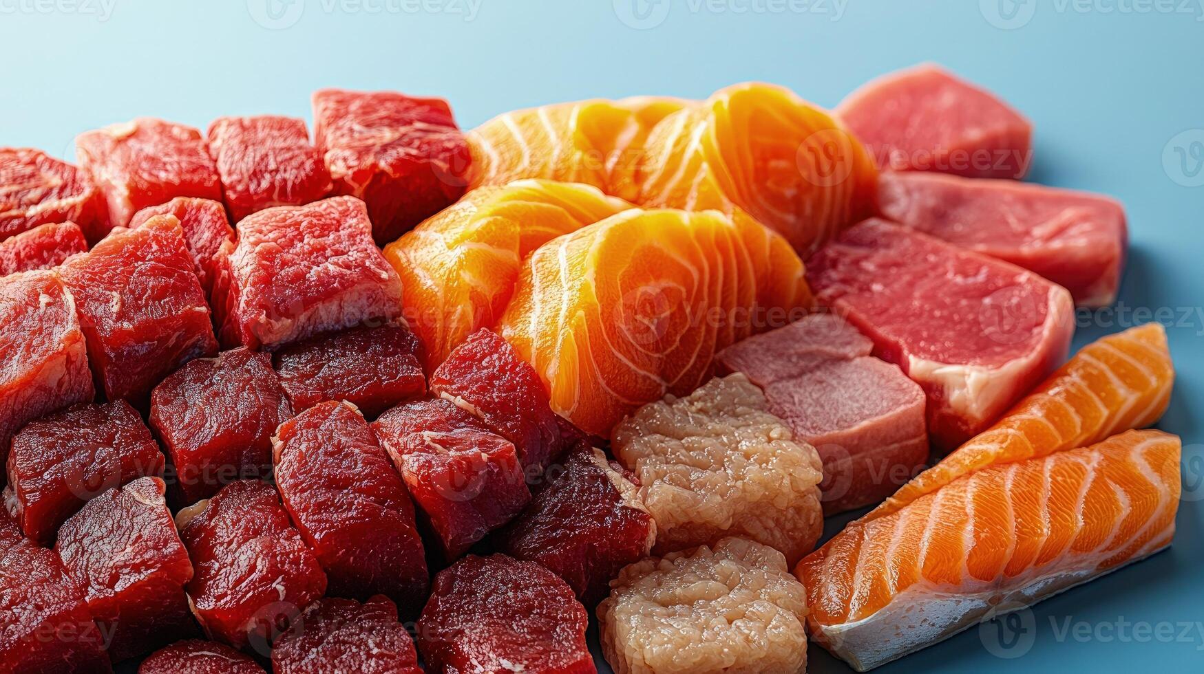 Vibrant cuts of beef, pork, and salmon are artistically displayed on a blue surface photo