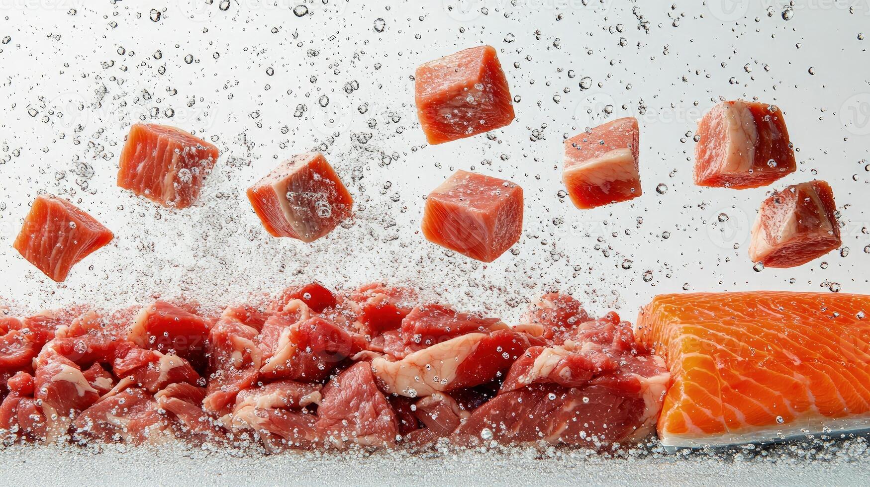 Juicy pieces of beef and vibrant salmon leap from the surface, showcasing freshness and quality photo