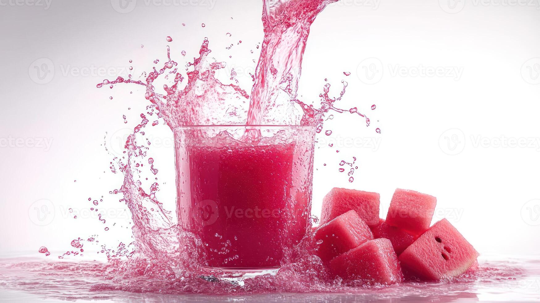 Bright pink liquid erupts from a glass, creating splashes around fresh watermelon pieces photo