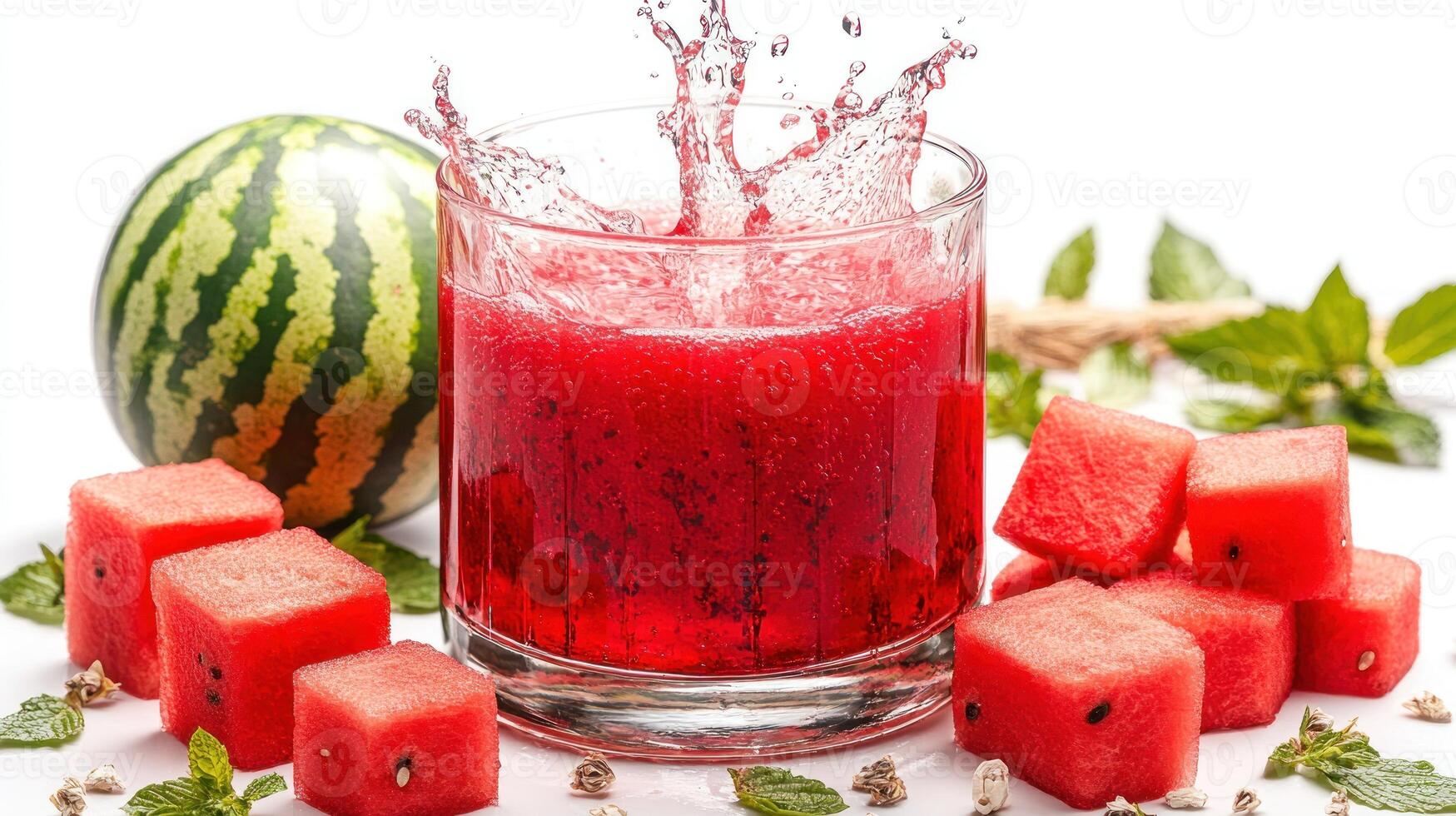 Bright red drink spills from a glass, with watermelon and mint, capturing summer vibes photo