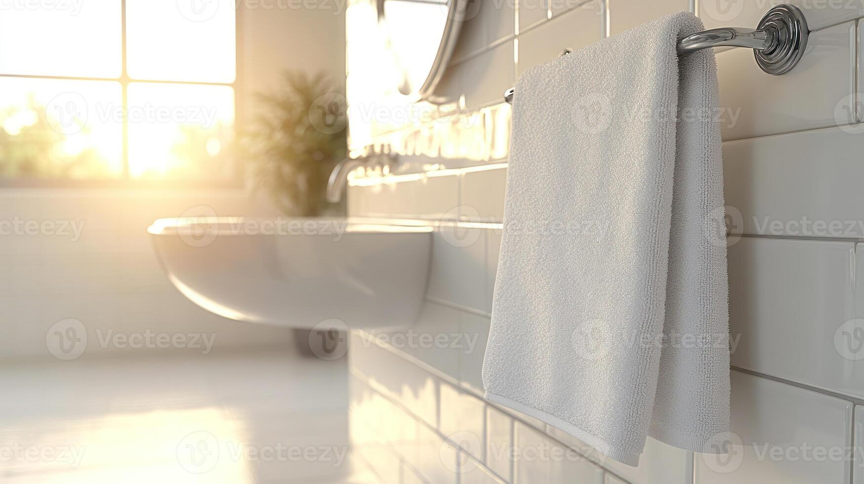Warm sunlight streams into a stylish bathroom, illuminating a soft towel and sleek sink design photo