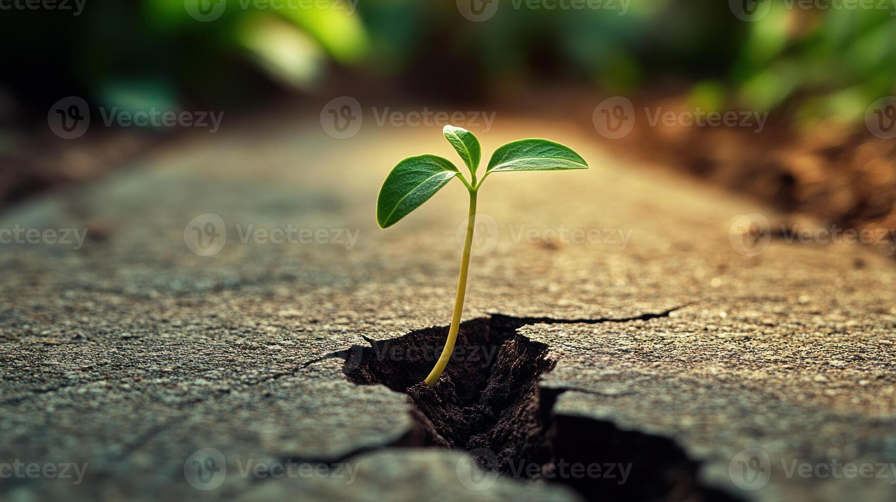 A resilient green sprout pushes through a crack in the concrete, symbolizing hope and perseverance photo