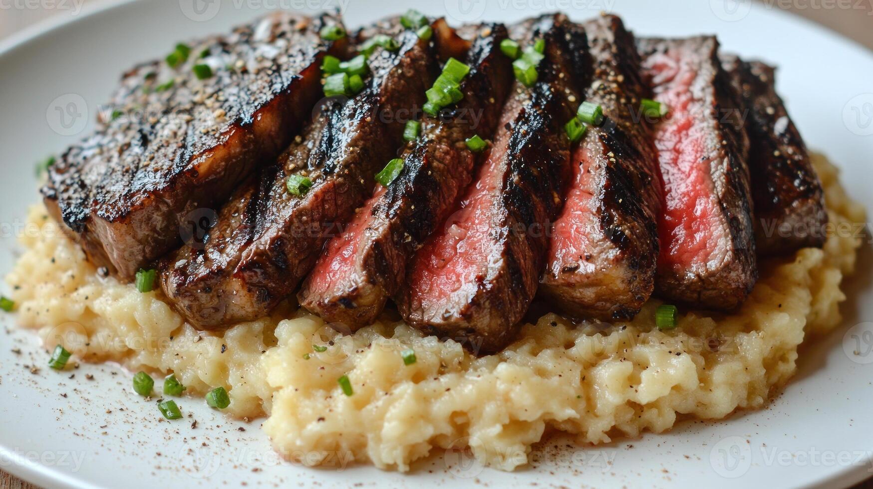 Juicy steak, grilled to perfection, served on smooth mashed potatoes and garnished with herbs photo