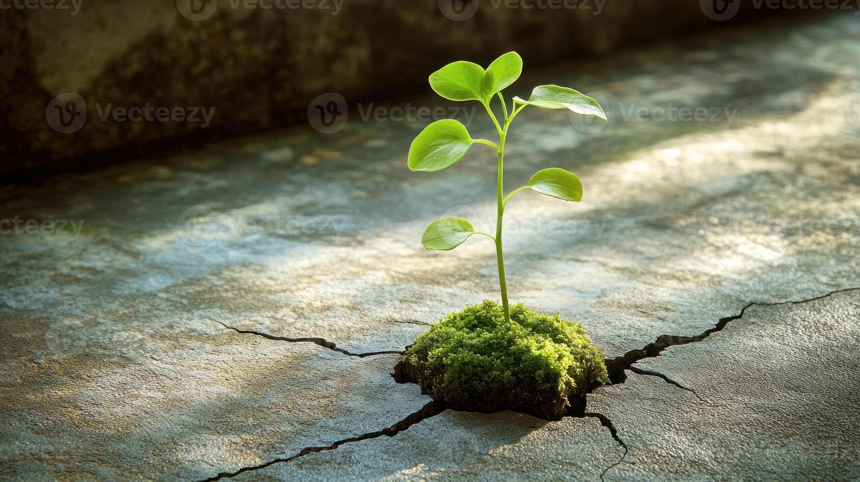 A small plant pushes through the cracked pavement, showcasing nature's endurance and growth photo