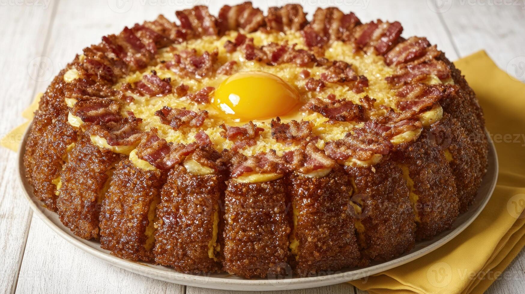 A crown-shaped cake topped with crispy bacon and a golden egg delights brunch lovers photo