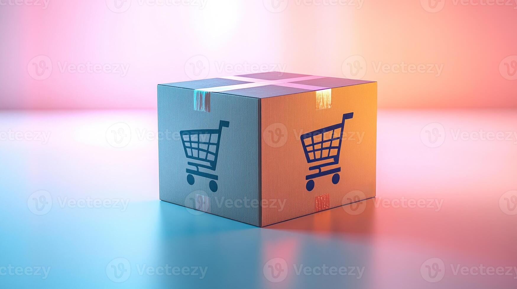 A uniquely designed package symbolizes the excitement of online shopping against colorful lighting photo