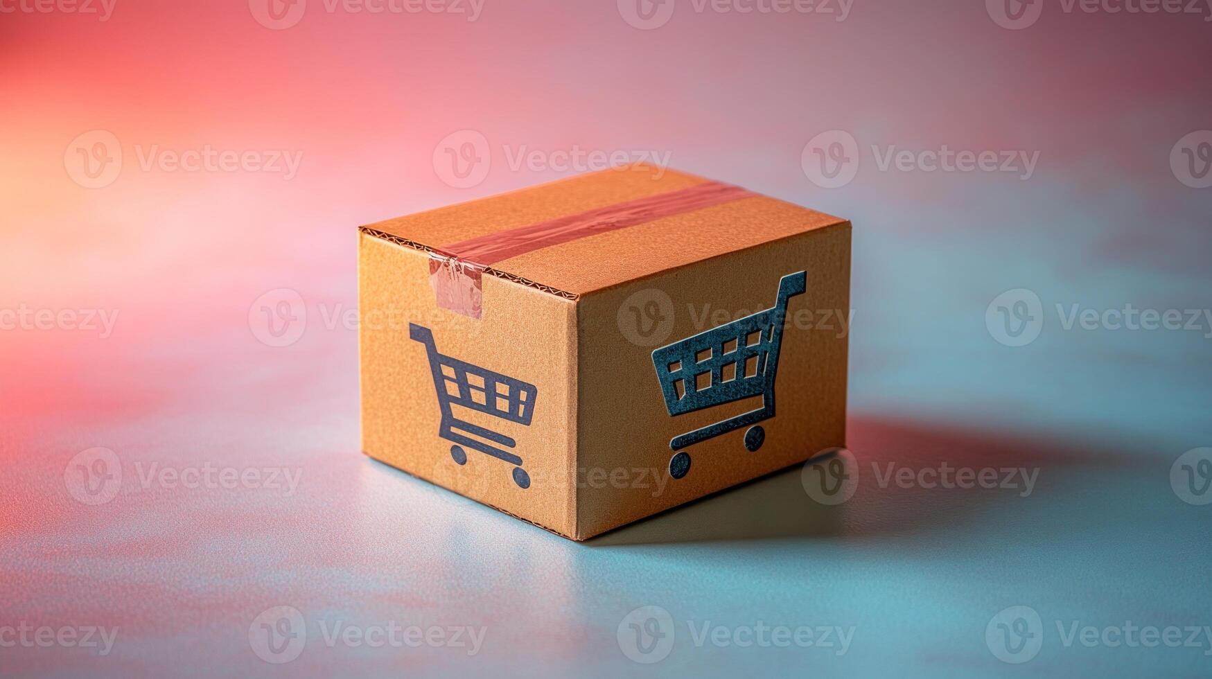 A cardboard box with a shopping cart logo rests against a colorful backdrop, sparking joy photo