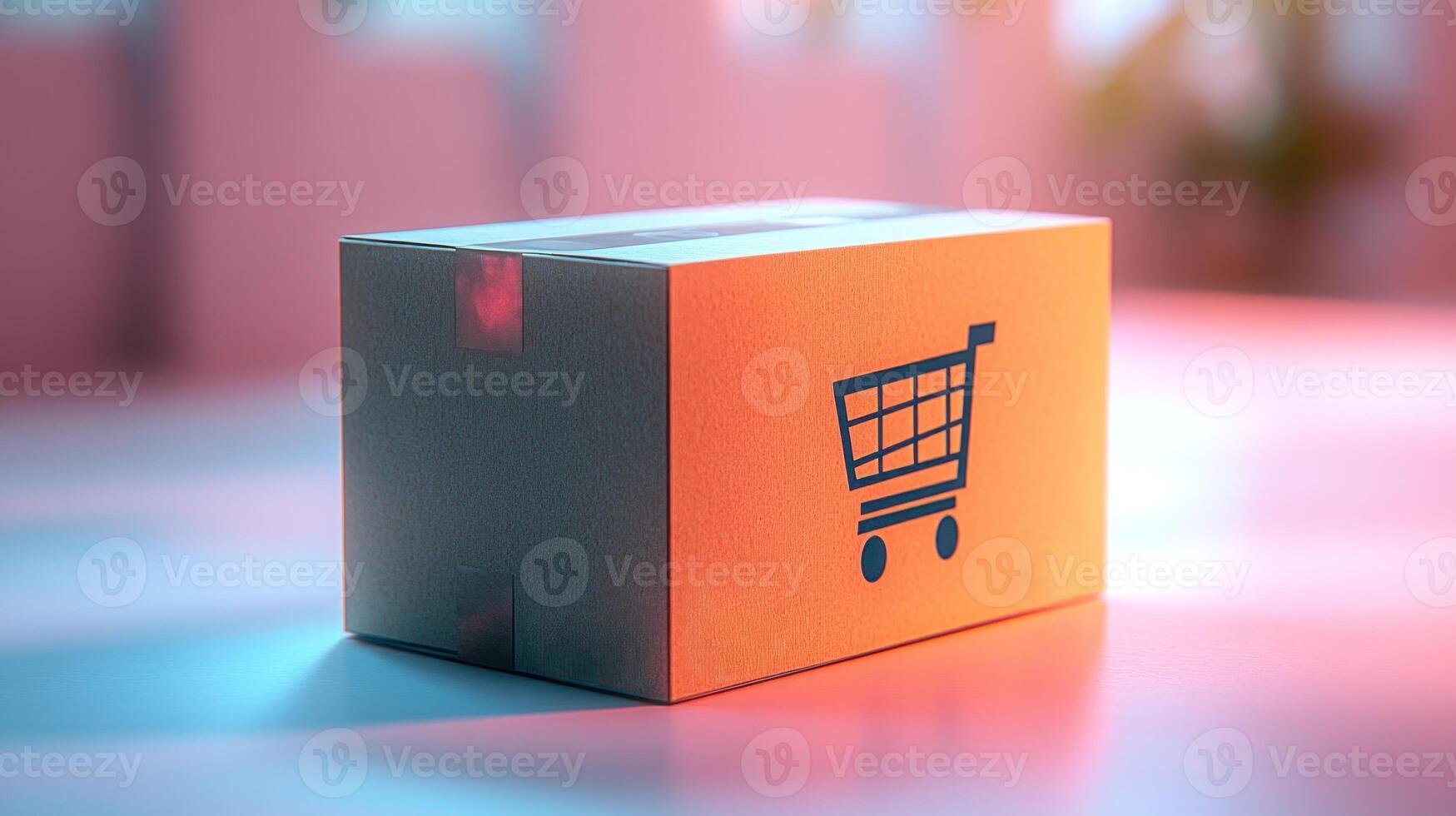 A colorful box representing online shopping rests on a softly lit surface, inviting curiosity photo