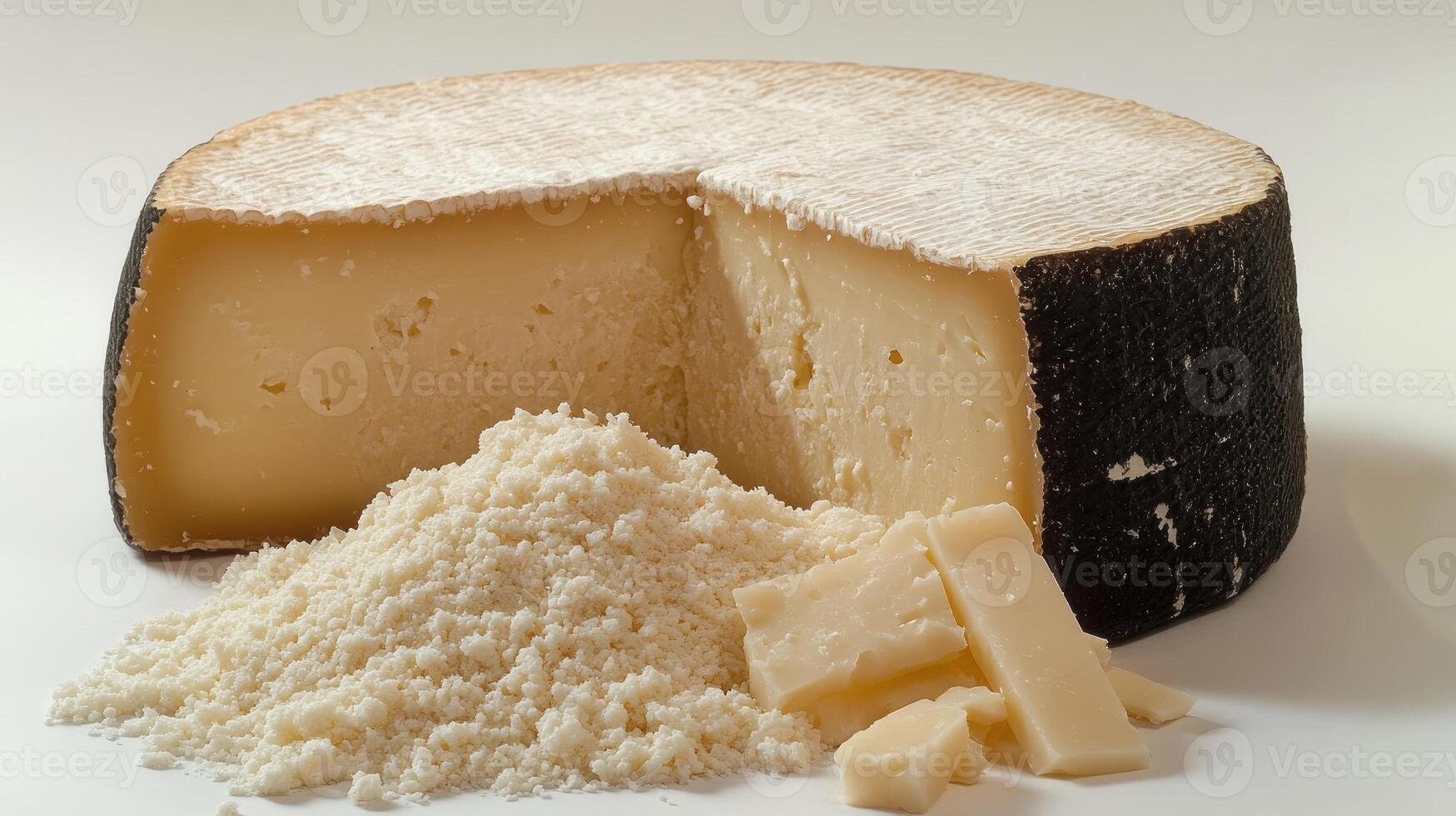Rich, creamy cheese displayed partially sliced with shavings and fresh grated pieces nearby photo
