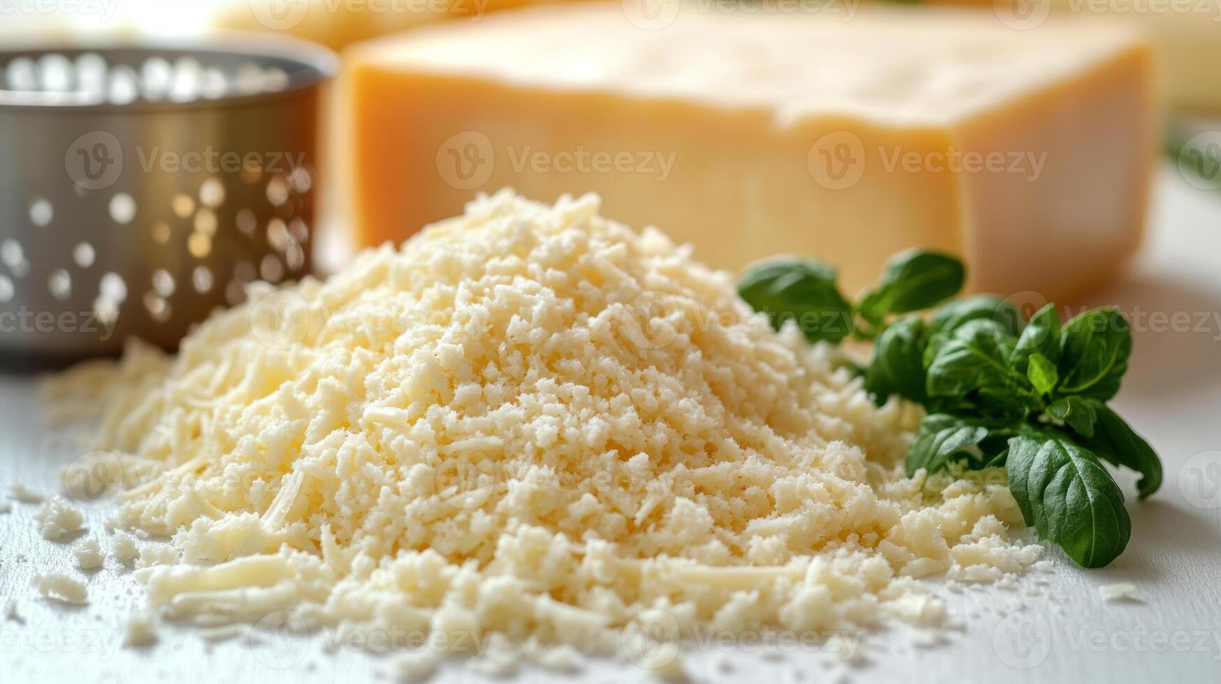 Grated cheese sits beside a block with fresh herbs, inviting delicious meal preparations ahead photo