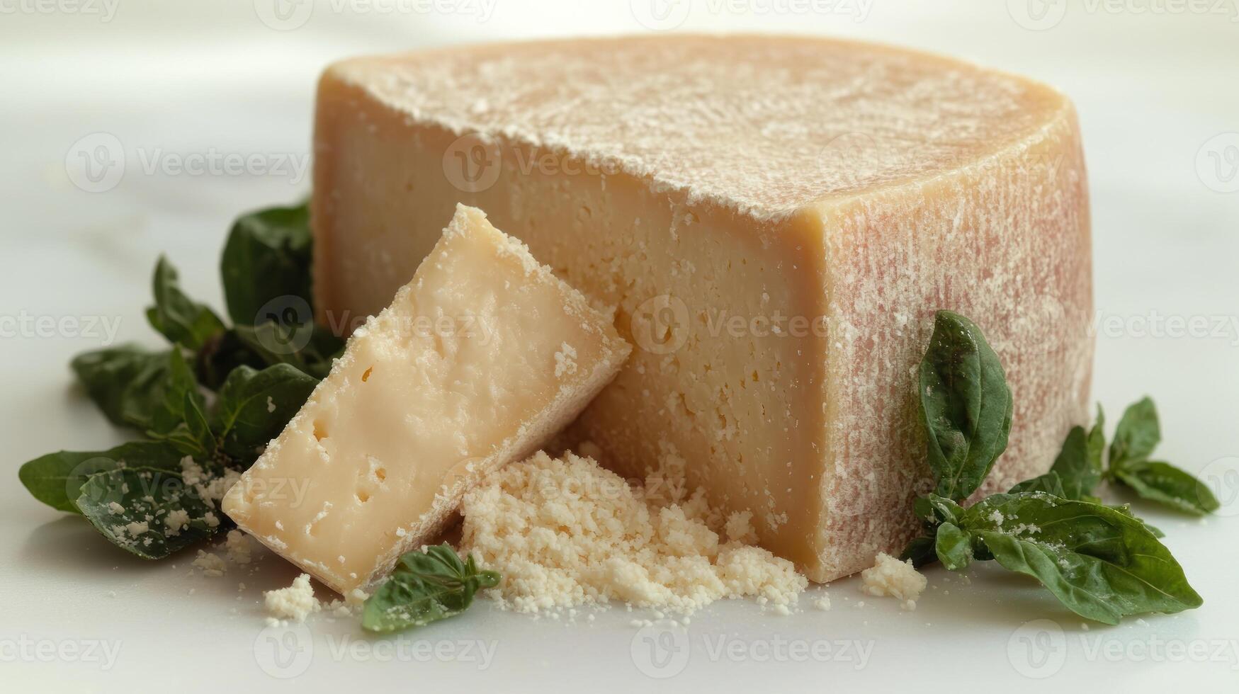 A wedge of artisanal cheese rests on a surface, surrounded by aromatic herbs and delicate crumbs photo