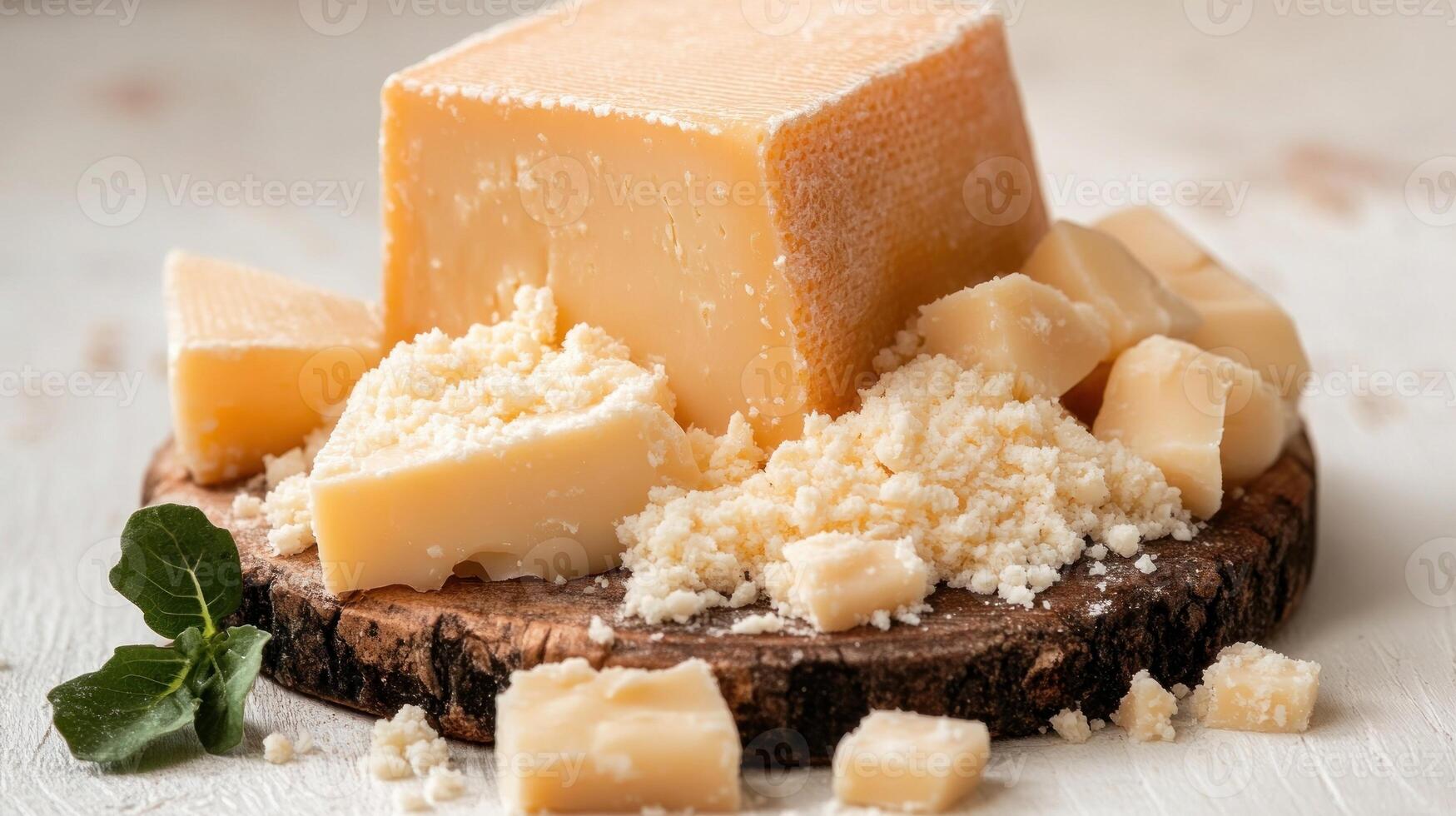 Artisan cheese rests on a textured wooden board, surrounded by delicate bits and natural greenery photo