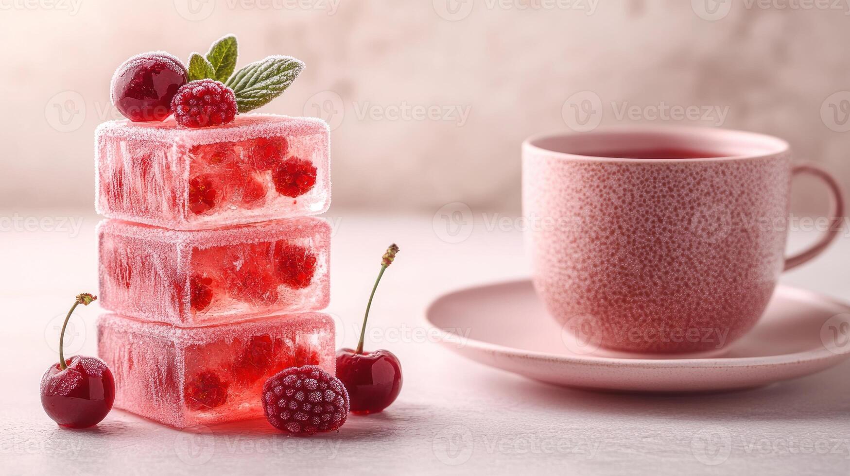 Colorful jelly cubes made with raspberry and cherry sit beside a delicate cup of berry tea photo