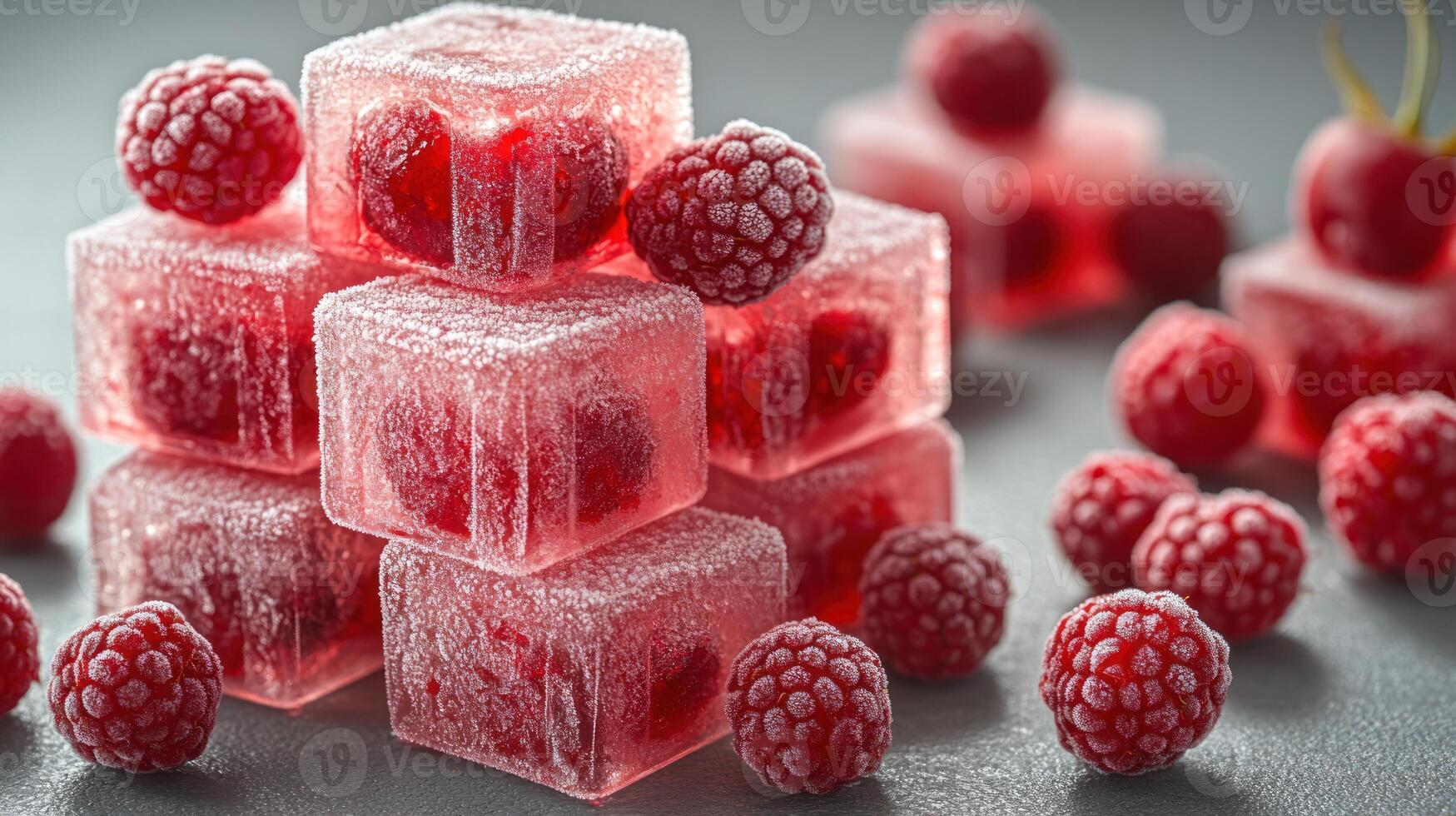 A vibrant display of raspberry-flavored cubes stacked elegantly with fresh berries around photo