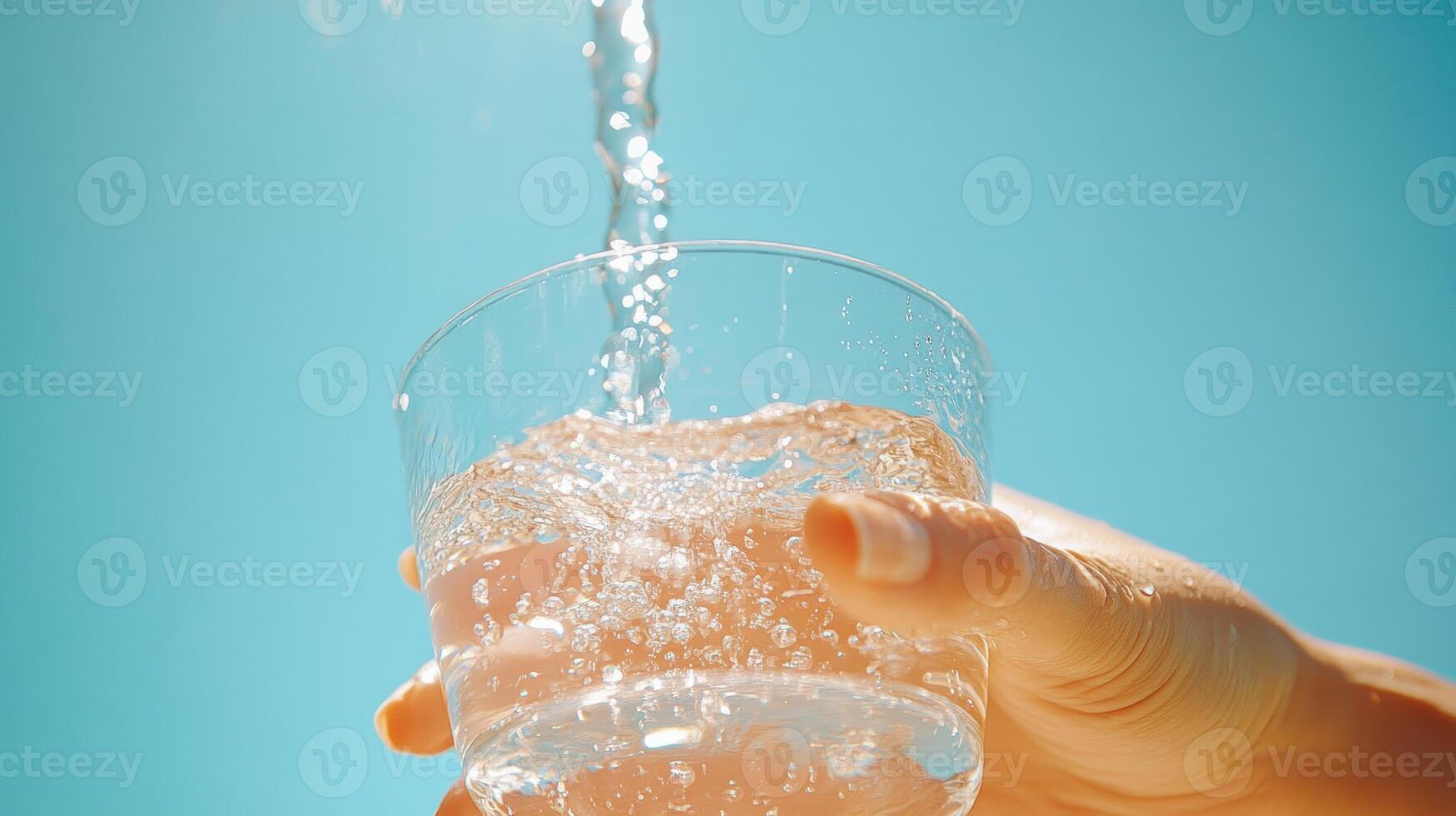 A hand holds a glass as clear water cascades into it, capturing the essence of summer photo