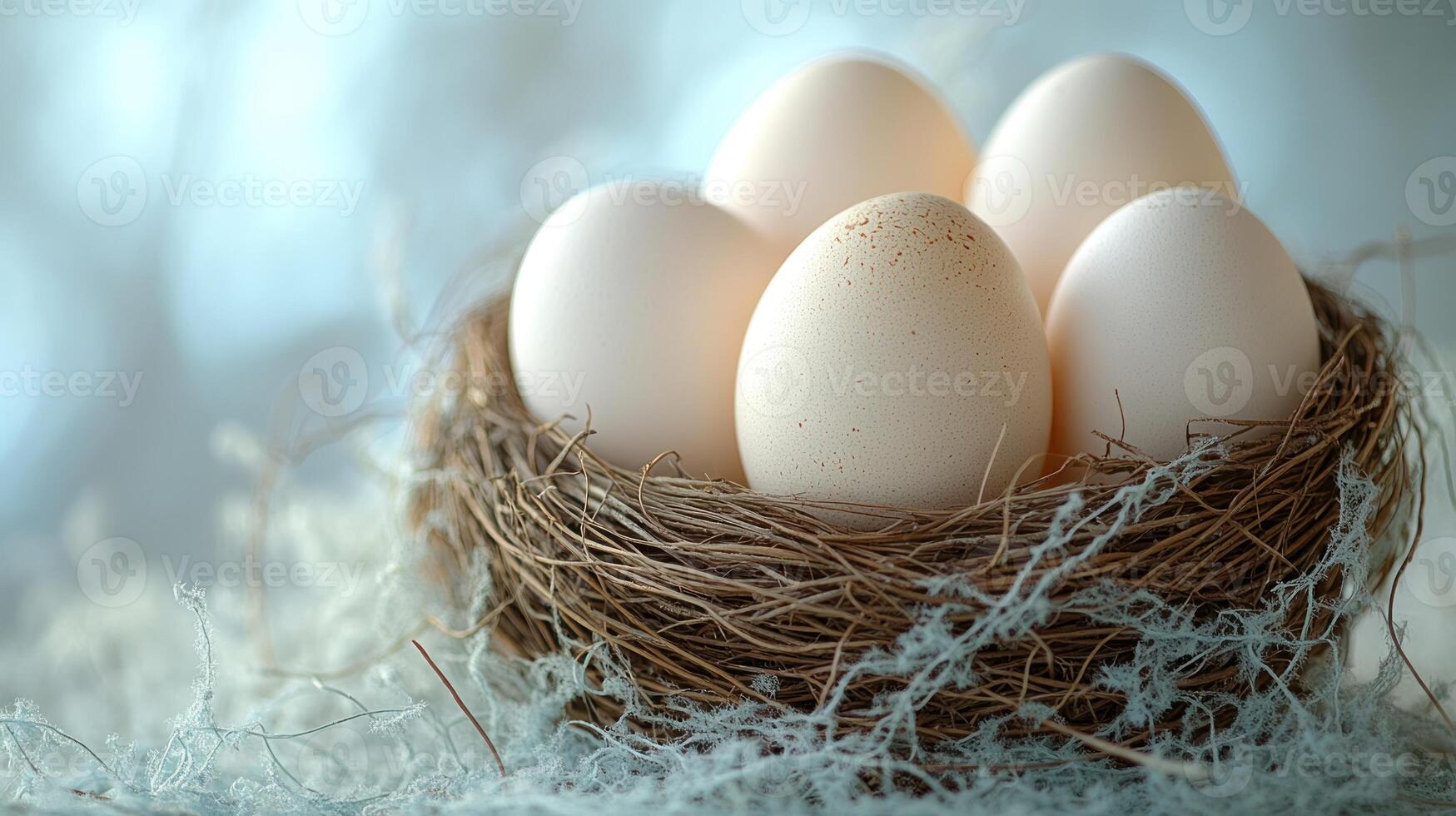 Five pristine eggs nestled in a cozy nest, surrounded by gentle hues and airy textures photo