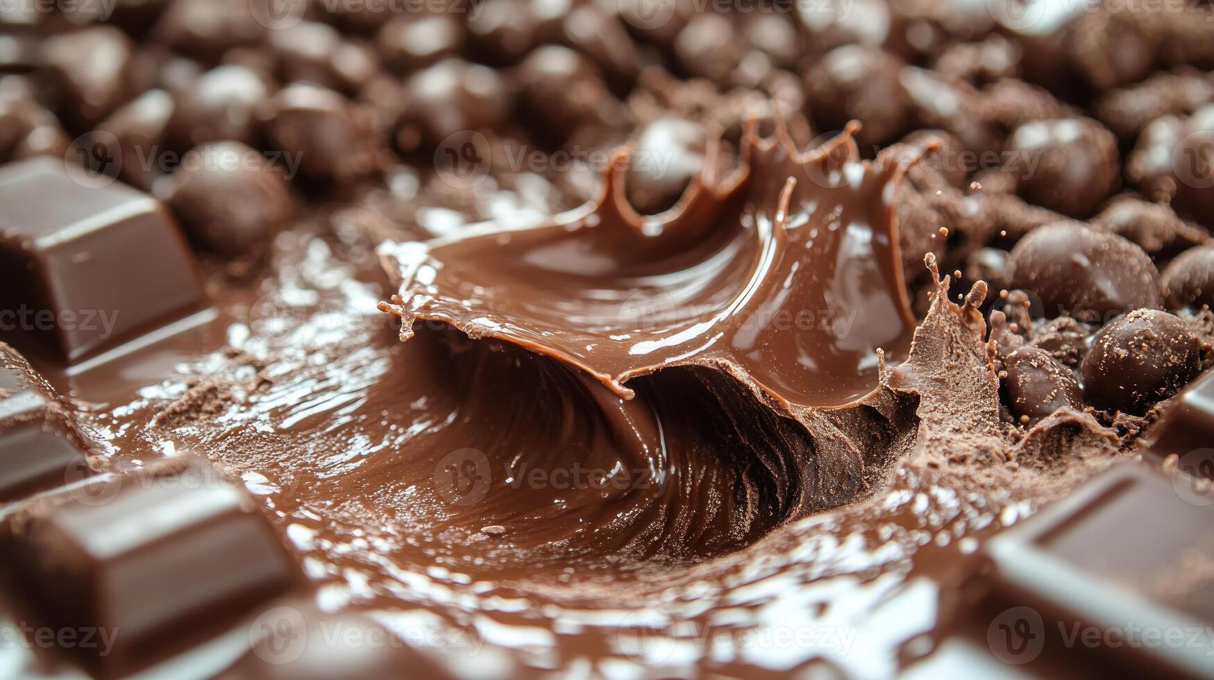 Rich melted chocolate splashes amidst various chocolate pieces, inviting indulgence and creativity photo