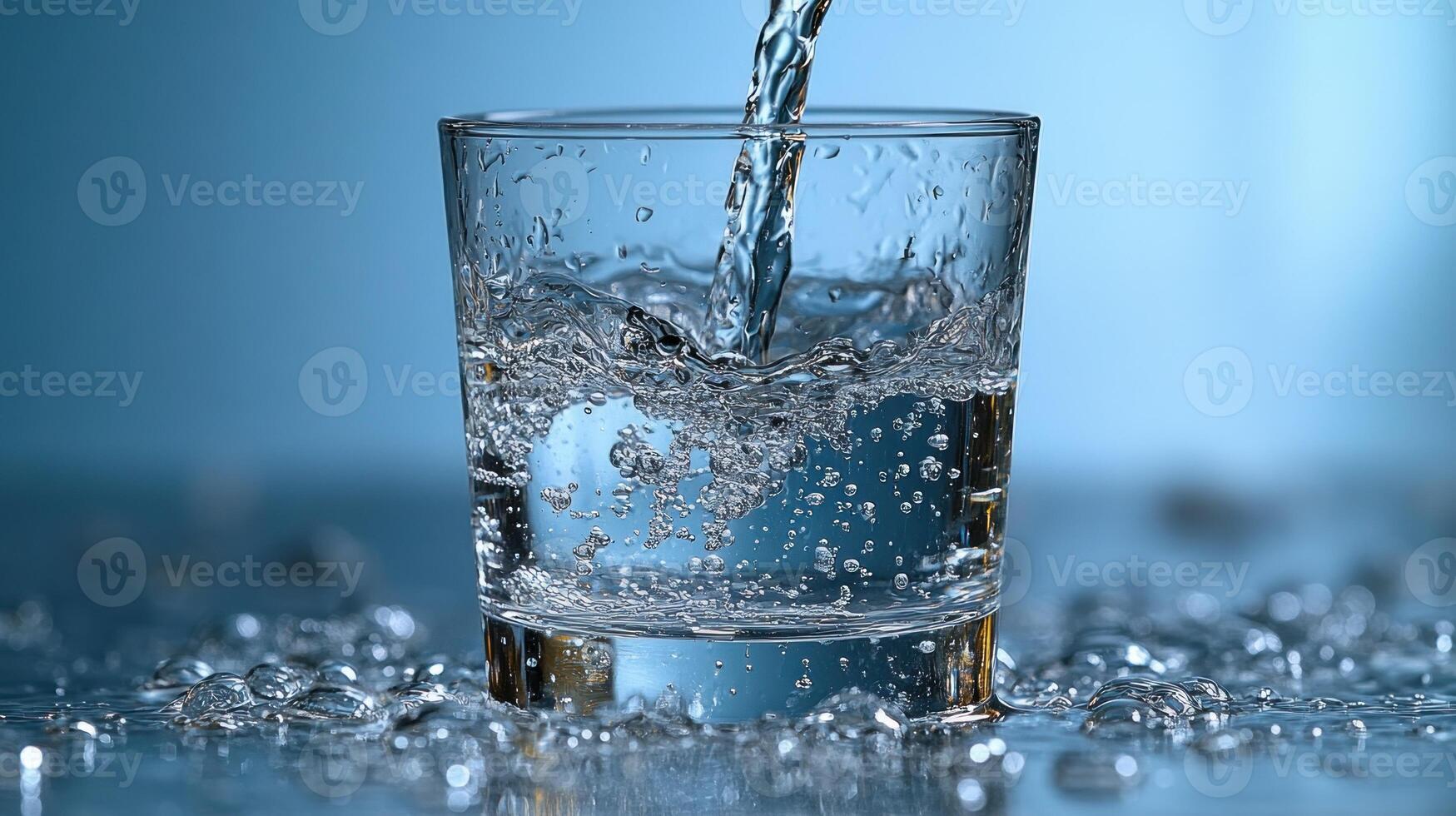 Water cascades into a glass, forming beautiful bubbles and splashing in a tranquil environment photo