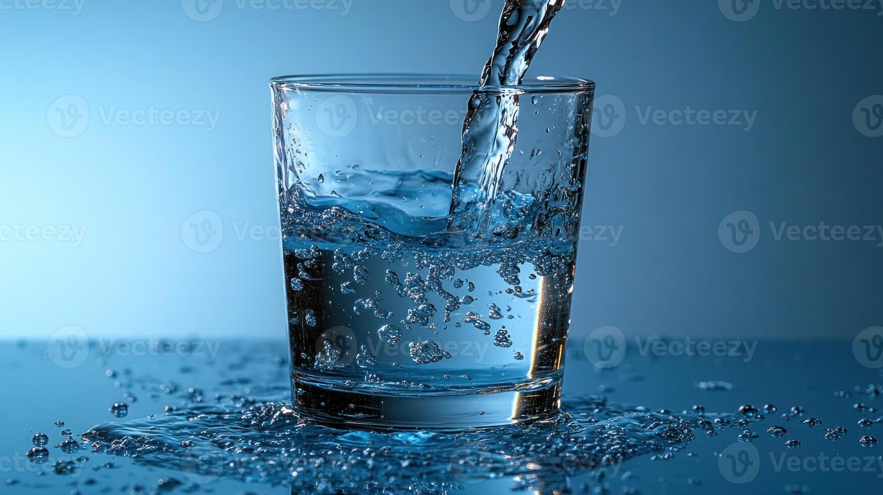 Clear liquid cascades into a glass, creating beautiful droplets and reflections on the surface photo