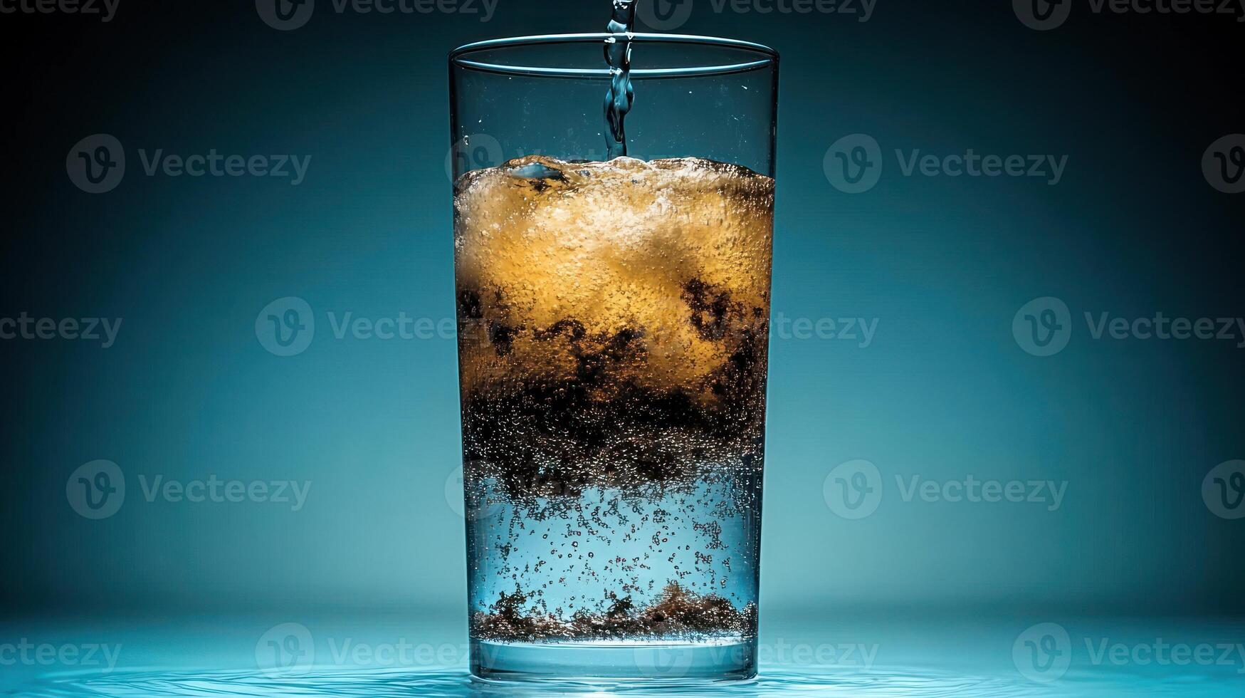 Chilled beverage with ice cubes and effervescence captivates with a dreamy teal backdrop photo