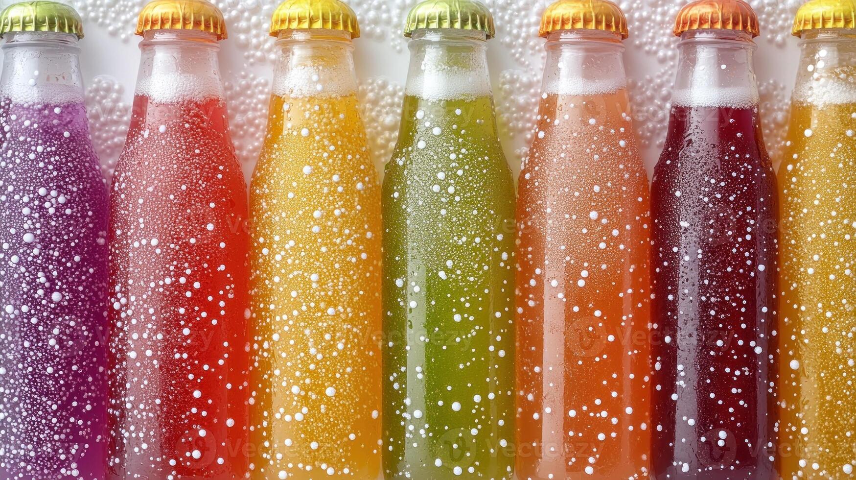 Eight bottles filled with fizzy, colorful drinks celebrate summer, inviting refreshment and fun photo