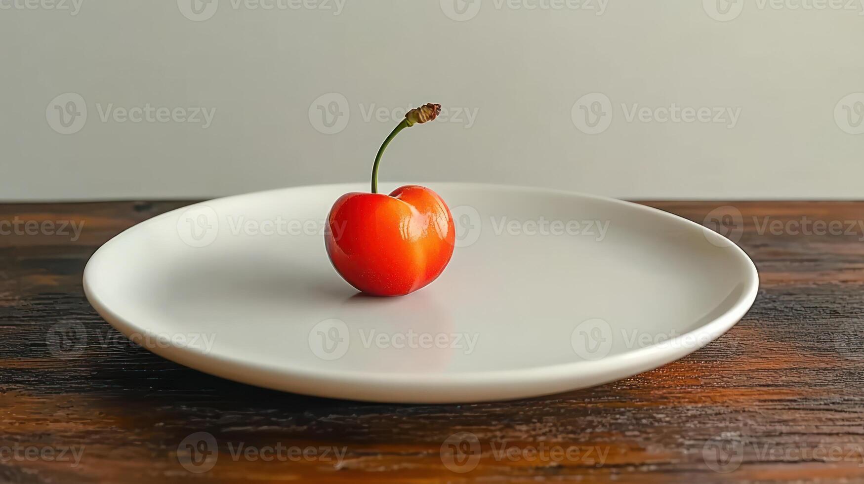 A vibrant cherry sits alone on a smooth white plate, showcasing minimalism and color contrast photo