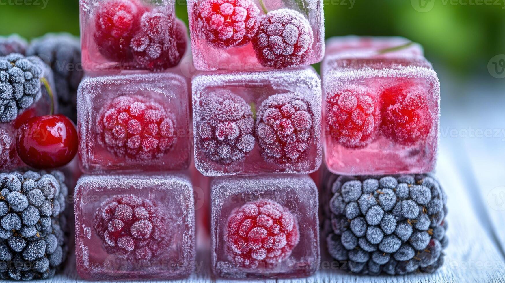 Delicious berries frozen in ice cubes create a vibrant, summery aesthetic perfect for drinks photo