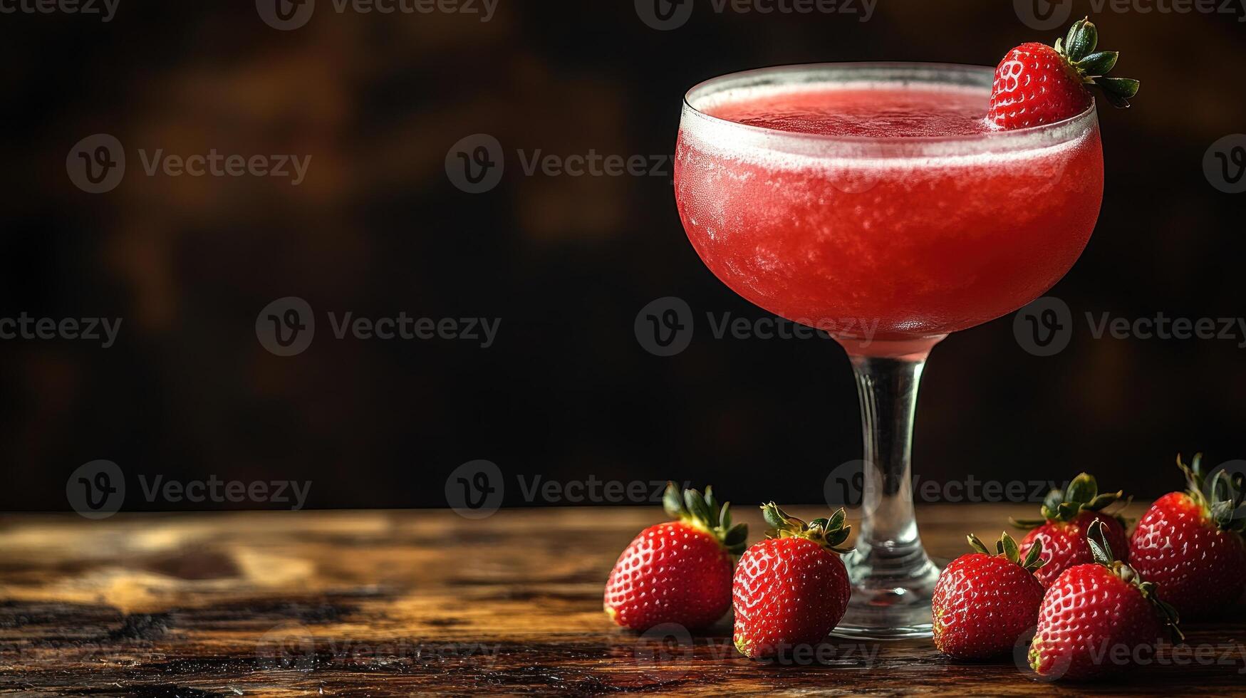 A vibrant strawberry cocktail in a glass, surrounded by fresh berries, exudes warmth and joy photo