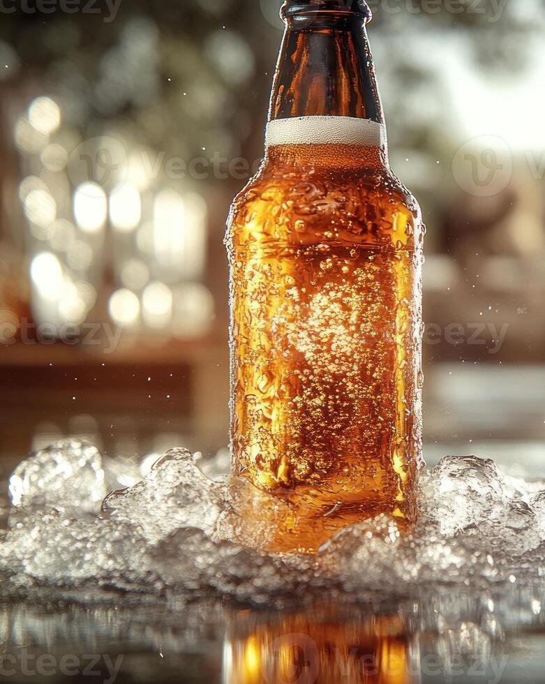 A cold bottle surrounded by ice bubbles catches the sunlight, inviting refreshment on a hot day photo