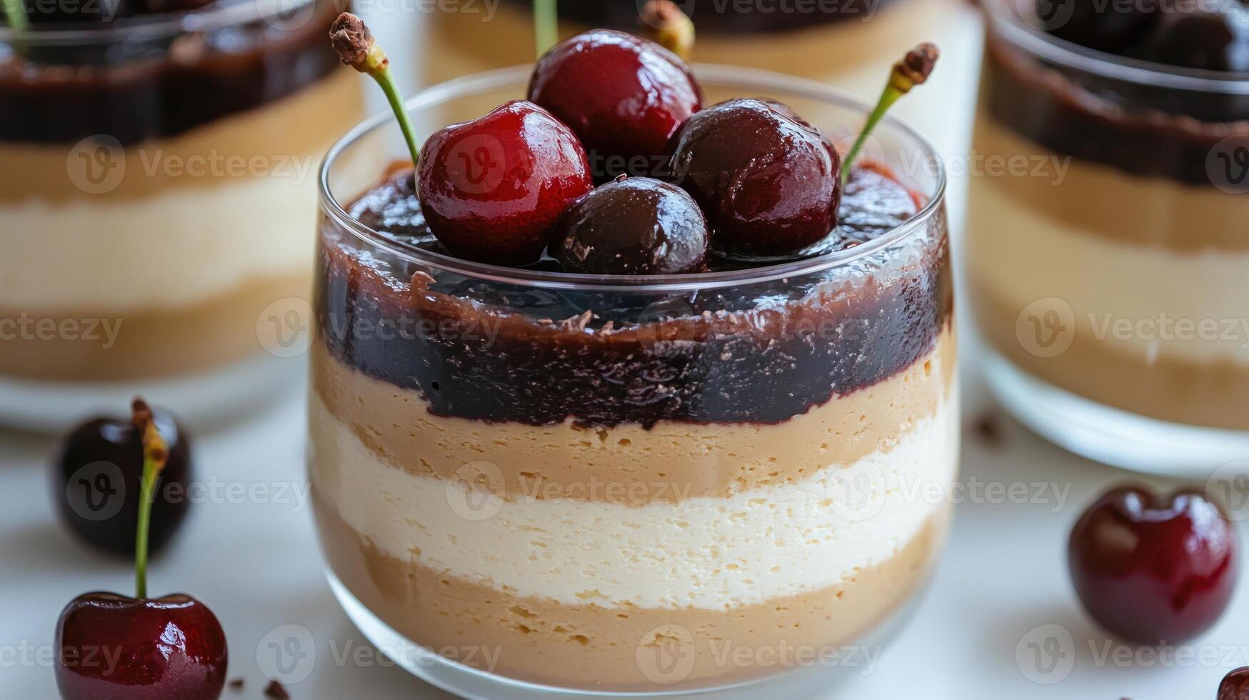 Layers of rich chocolate, creamy mousse, and fresh cherries create a stunning dessert experience photo