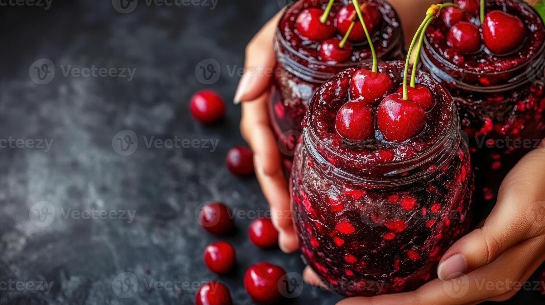 Jars filled with cherry jam are held lovingly, surrounded by ripe cherries ready for enjoyment photo