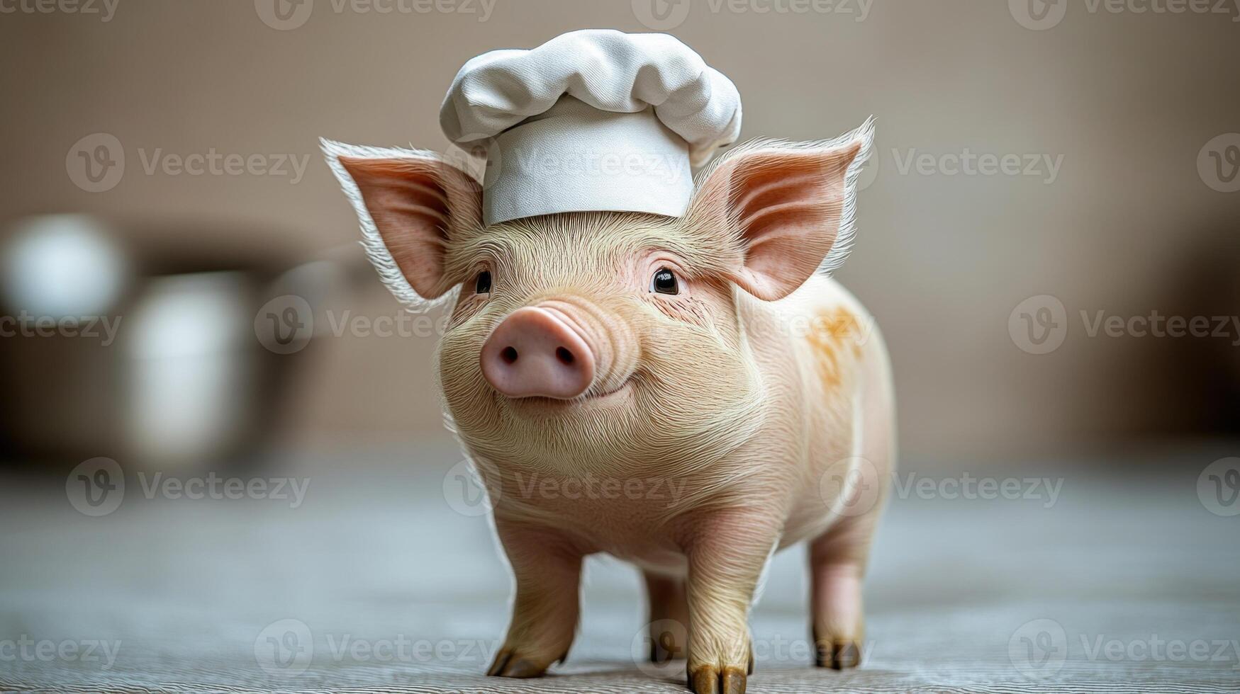A whimsical pig in a chef hat stands ready to cook in a charming kitchen photo