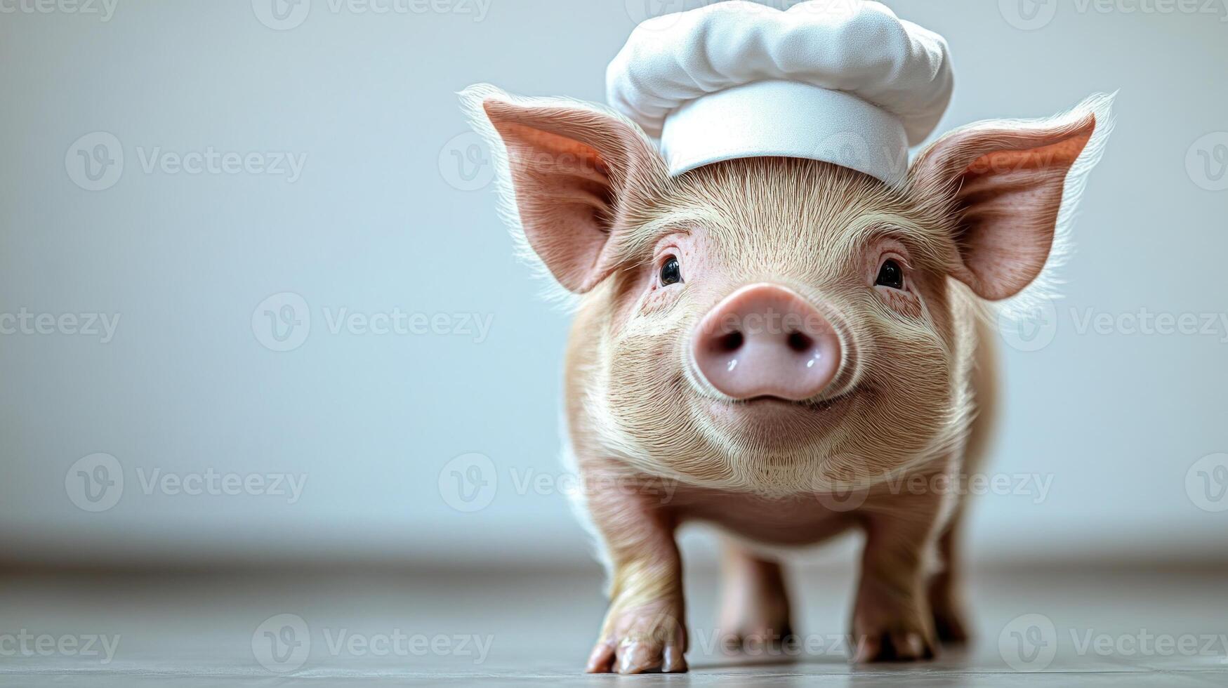 A delightful pig wearing a chef's hat brings joy to a bright kitchen, ready to cook and create photo