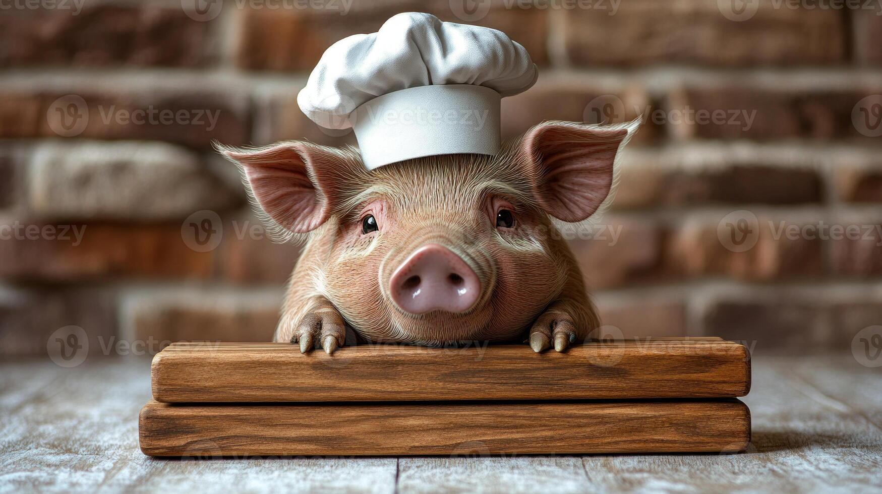 A cheerful pig in a chef hat leans over wooden boards in a cozy, charming setting photo