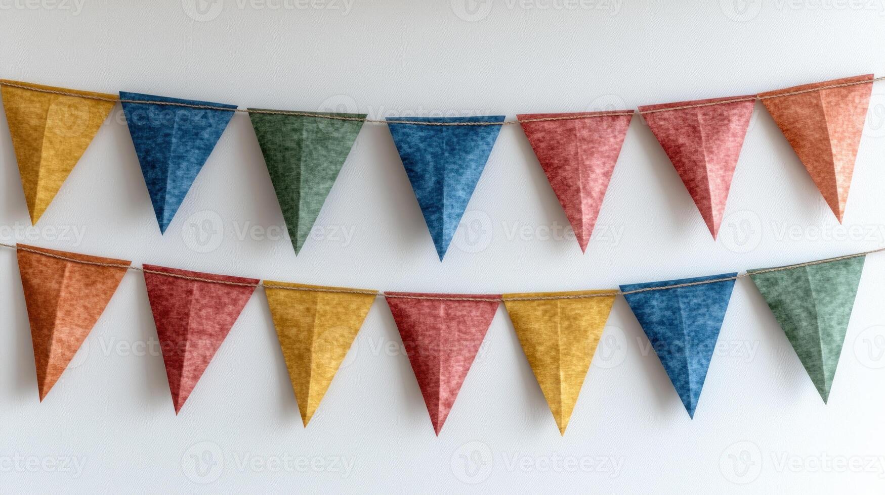 Triangular fabric flags hang joyfully on a wall, creating a vibrant atmosphere for any event photo
