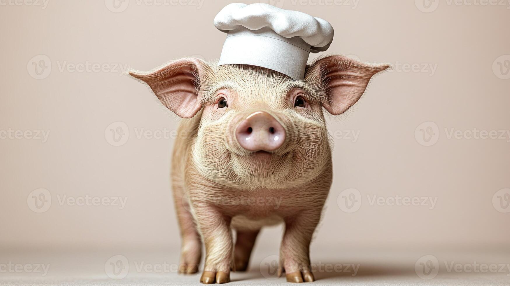 A delightful pig dons a chef's hat, exuding charm and happiness, poised for culinary adventures photo