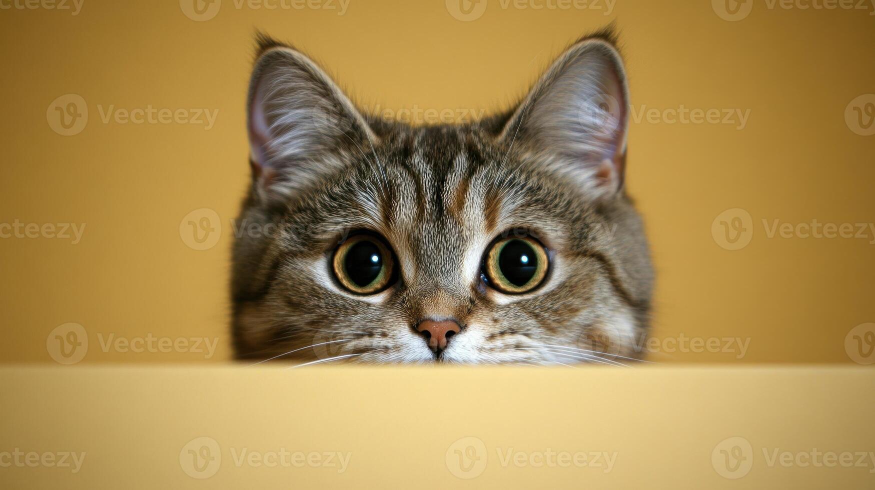 A playful cat with large eyes cautiously observes its surroundings from a hidden spot photo