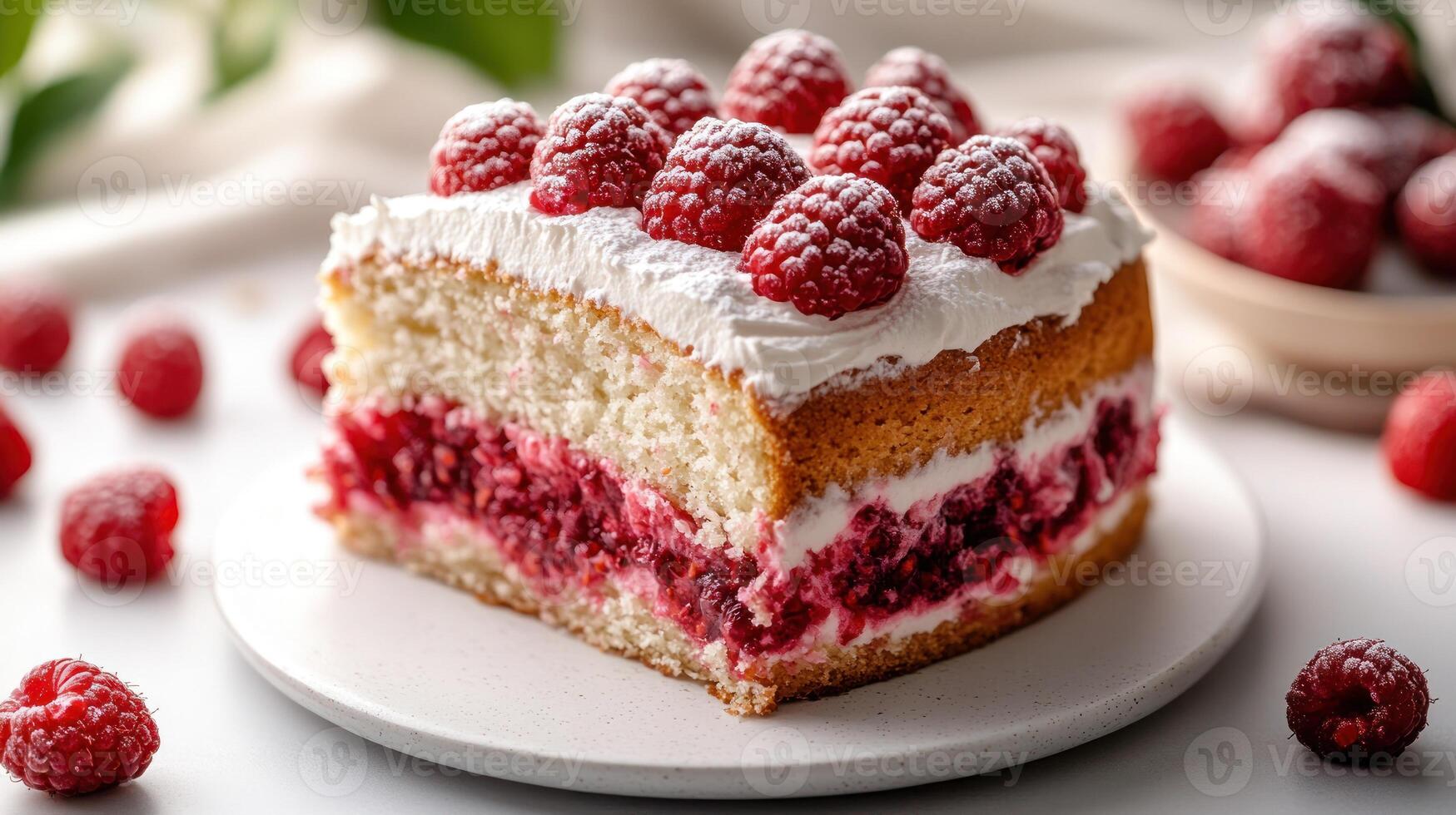 A scrumptious raspberry cream cake with layers of fruit and frosting captivates all who see it photo