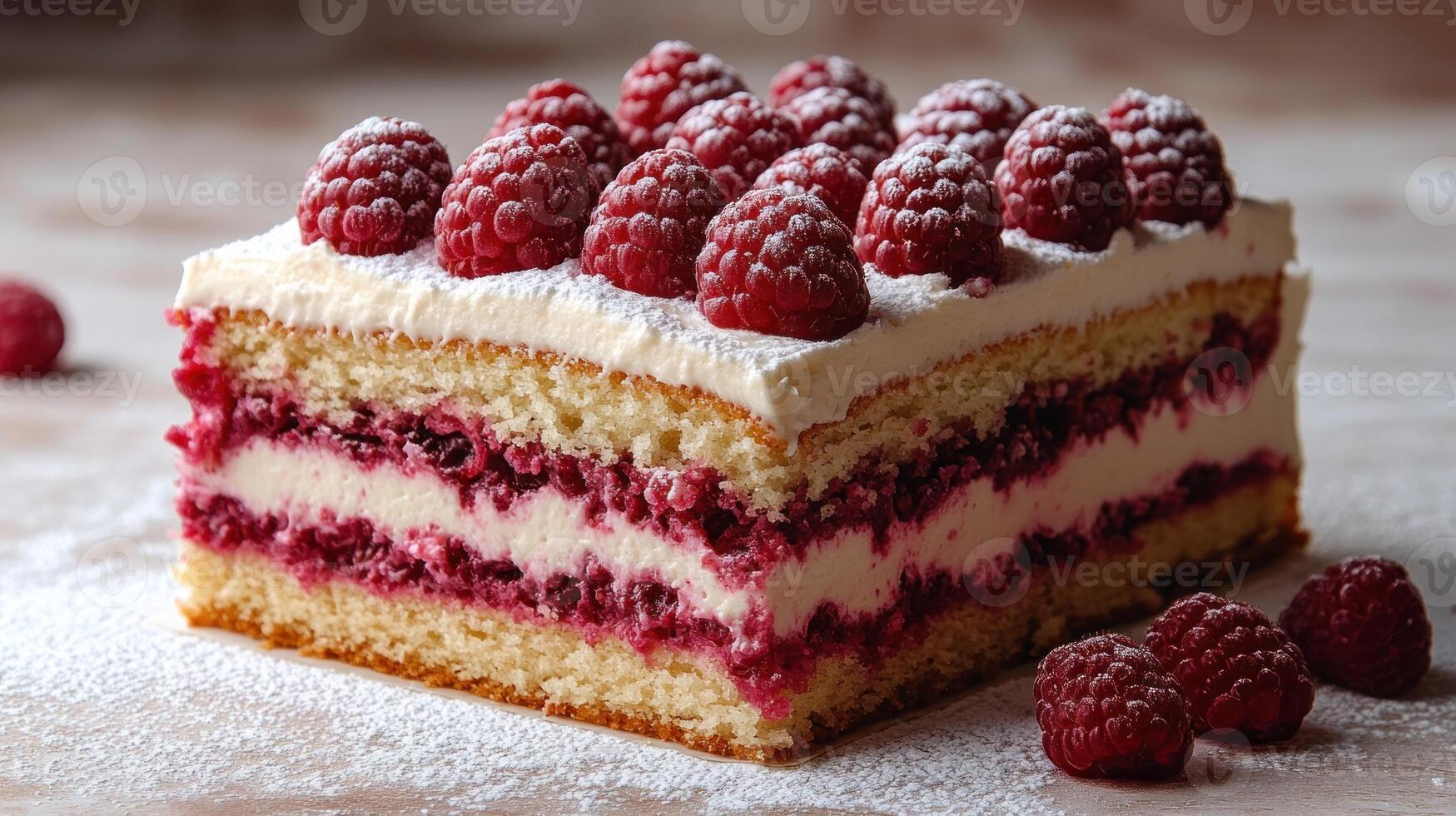Sponge cake layers with raspberry cream, fresh berries on top, and a dusting of sugar photo