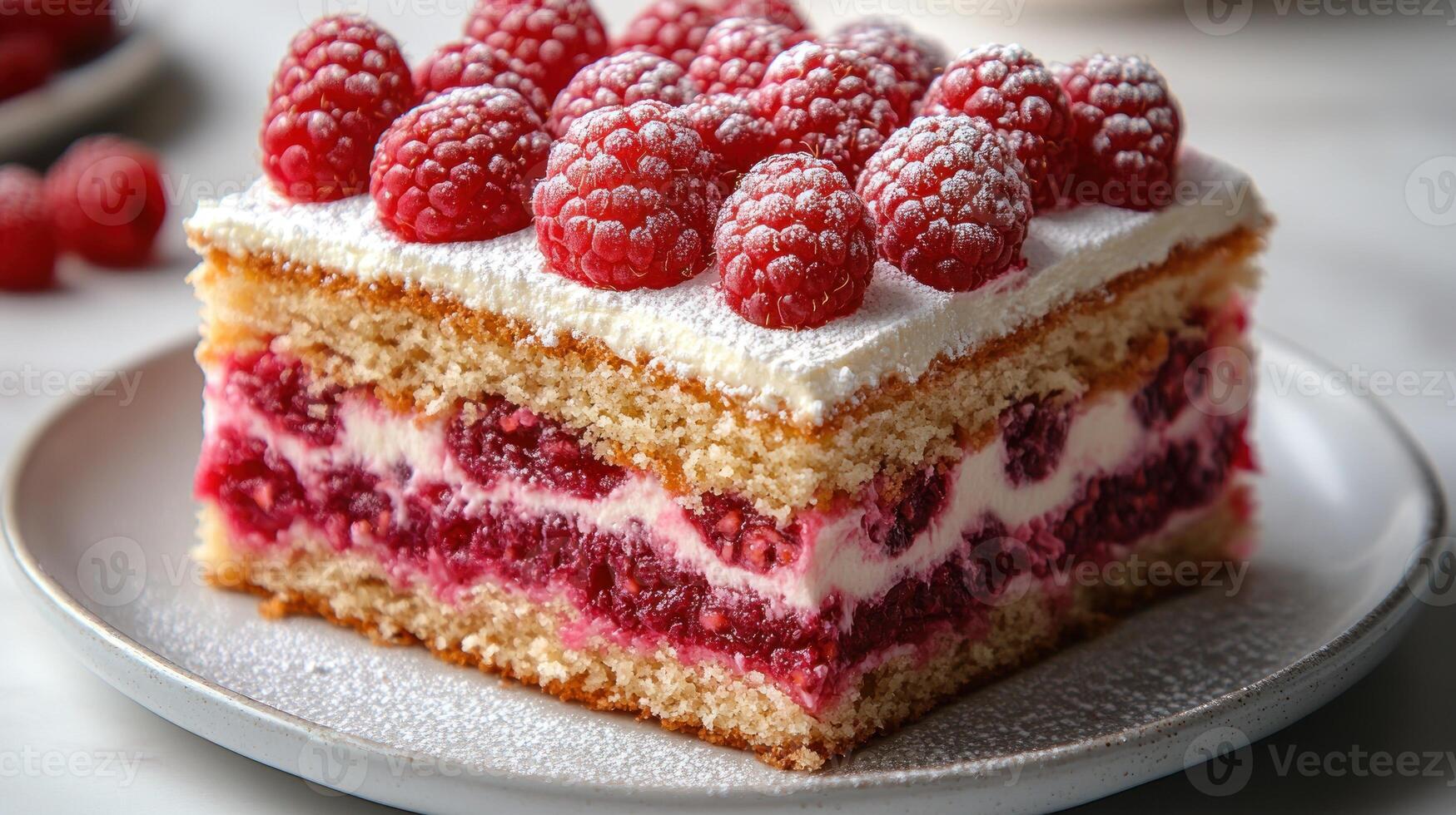 A delectable cake with layers of cream and raspberries, topped with fresh berries for a sweet treat photo