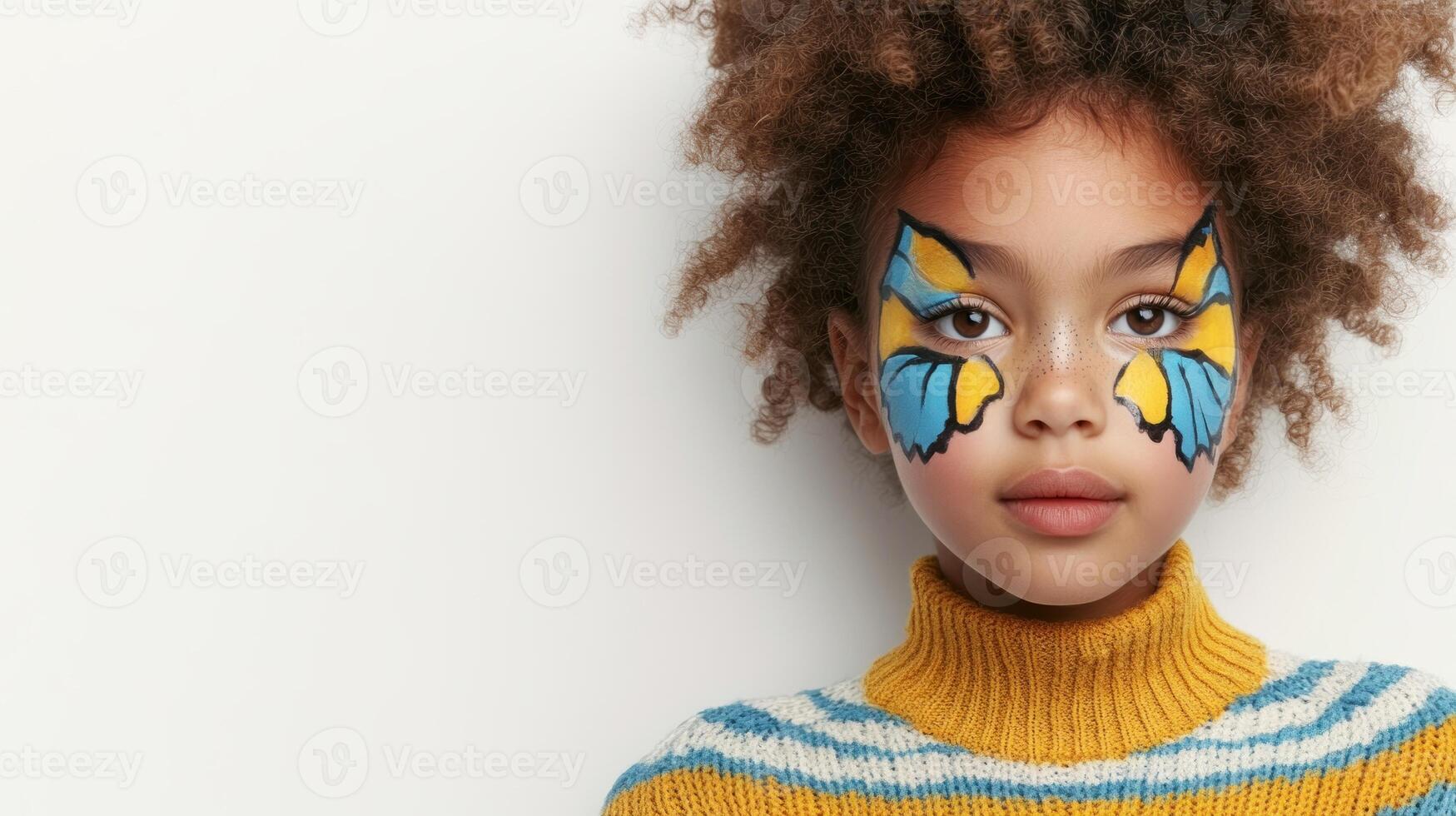 A young girl with butterfly face paint wears a colorful sweater in a warm setting photo