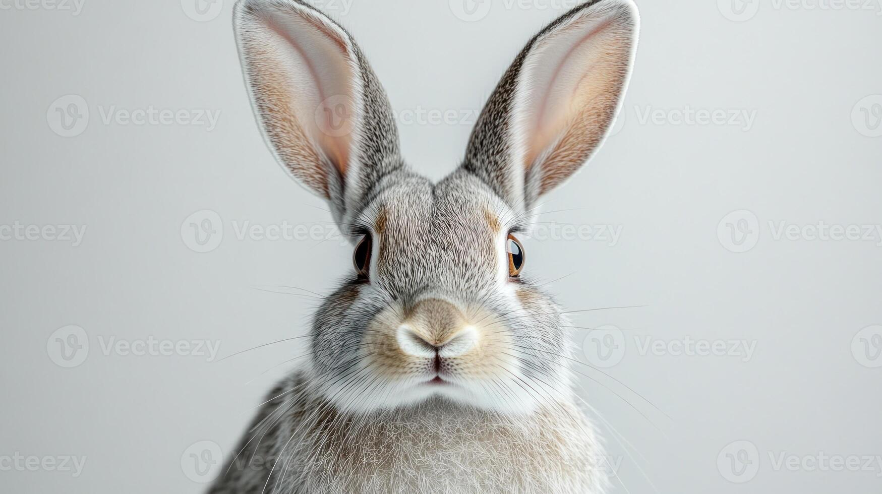 A fluffy rabbit stands elegantly, its large ears perked while gazing curiously and invitingly photo
