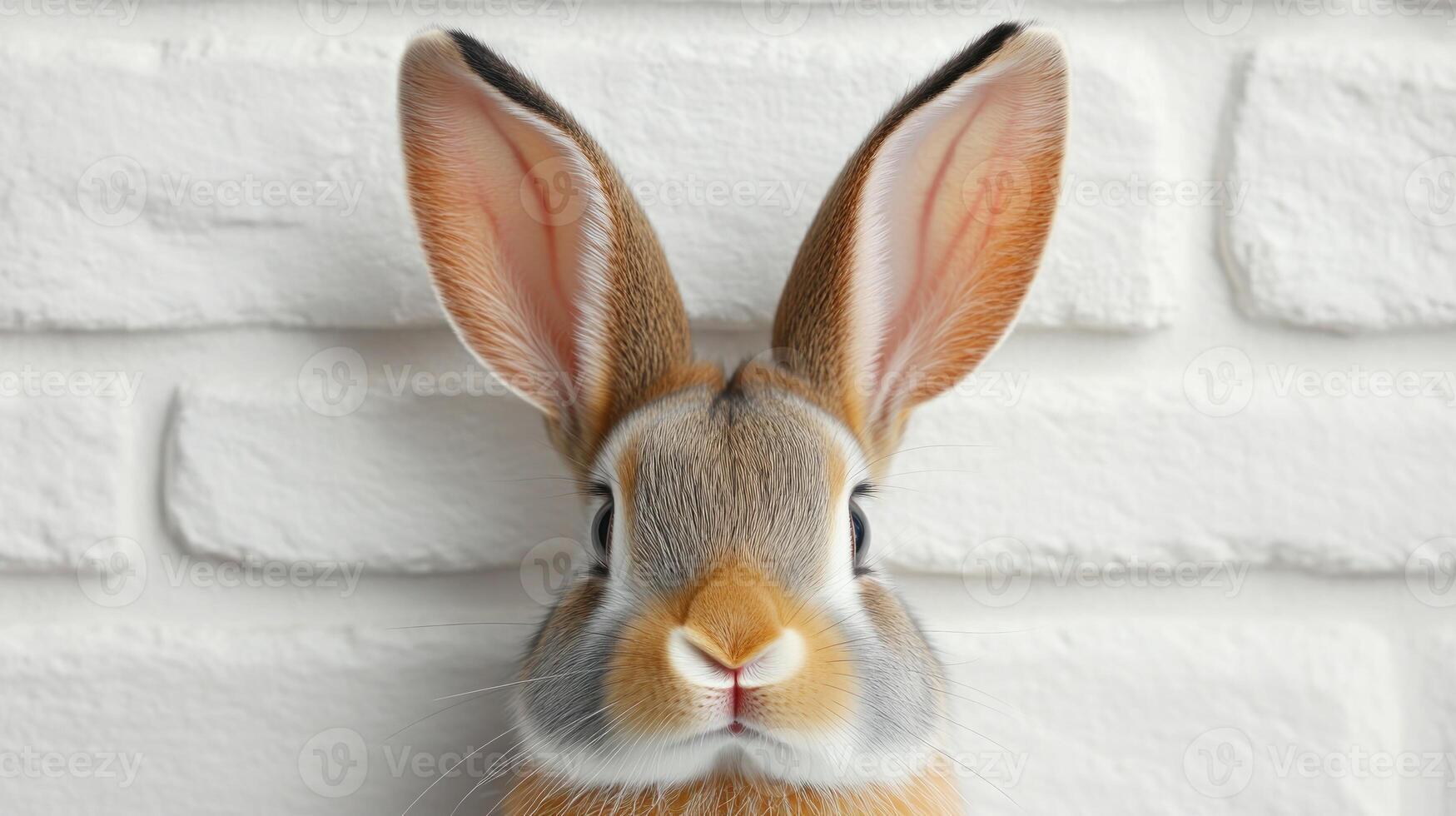 A cute rabbit with large ears sits calmly, showcasing its soft fur and curious expression photo