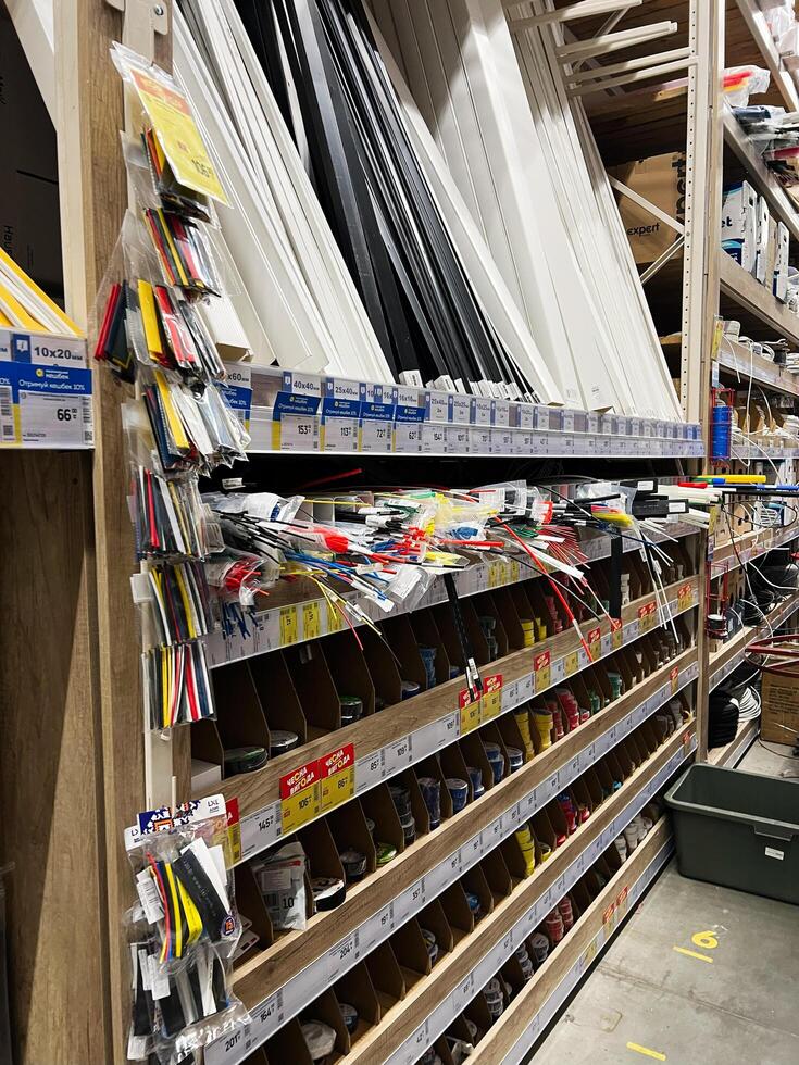 Kyiv, Ukraine - January 03, 2025 Organized shelves with hardware supplies in a warehouse store setting photo