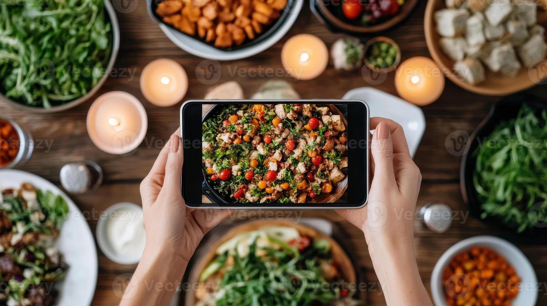 cozy family dinner scene with warm ambient lighting, featuring variety of dishes and smartphone capturing meal photo