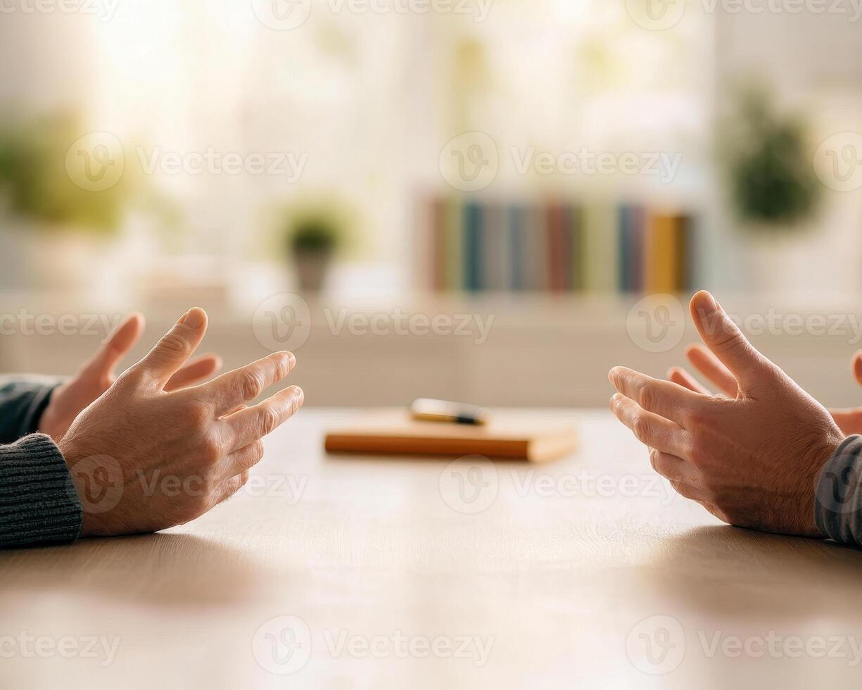 serene family counseling environment with engaged hands discussing photo